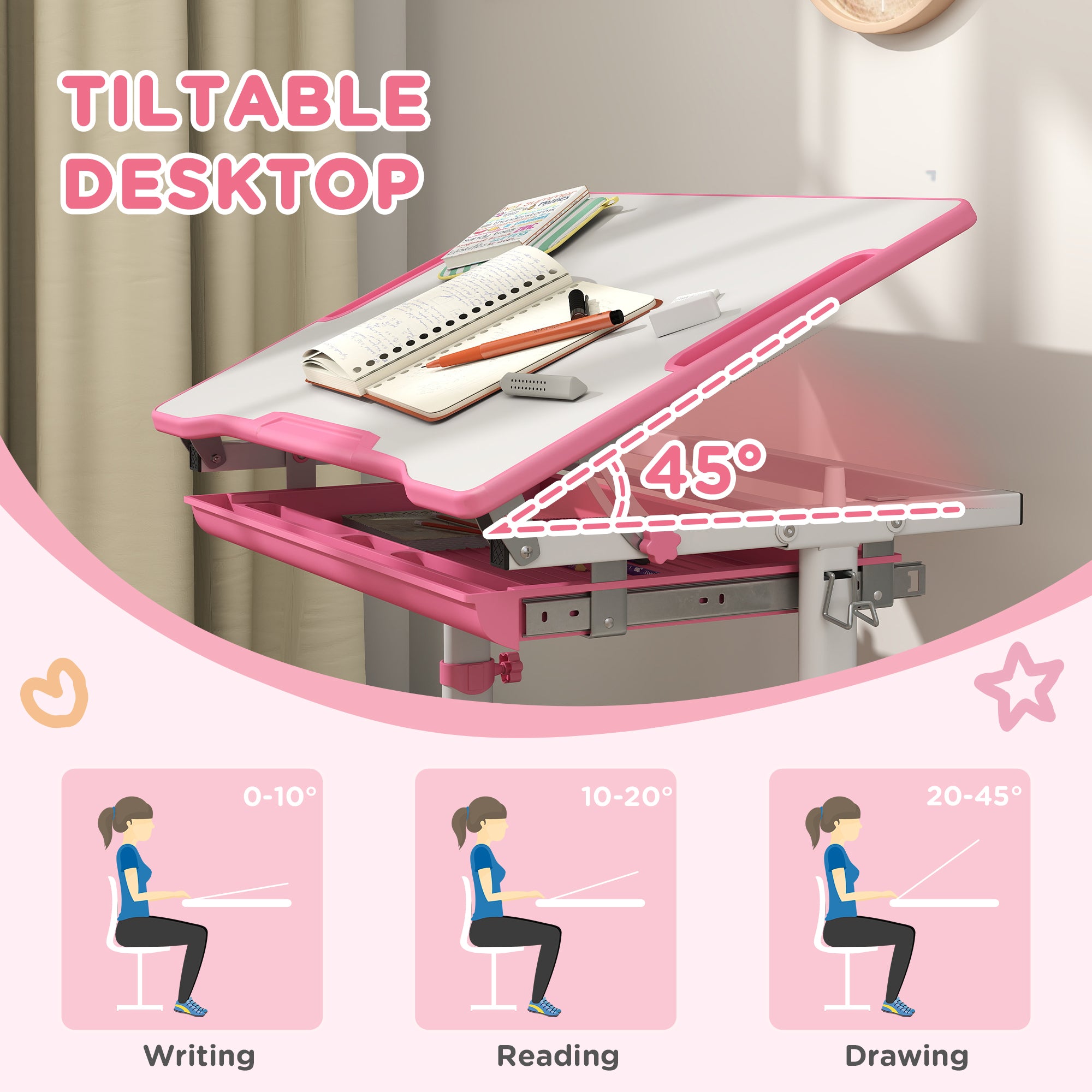 Height Adjustable Kids Desk and Chairs Set with Tilt Desktop, Storage Drawer, Pen Slot, Hook, Pink