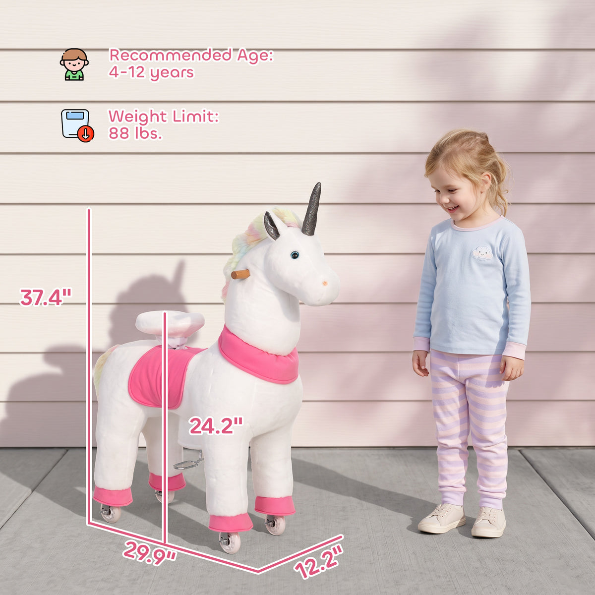 Unicorn Ride on Horse for Kids 4-12 Years, 37.4 Inch Height Plush Riding Pony with Rolling Wheels for Active Play, White