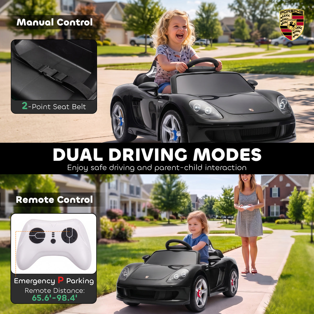 12V Kids Ride On Car, Licensed Porsche Carrera GT with Remote, Rear Suspension, Smooth Start for Ages 3-6, Black