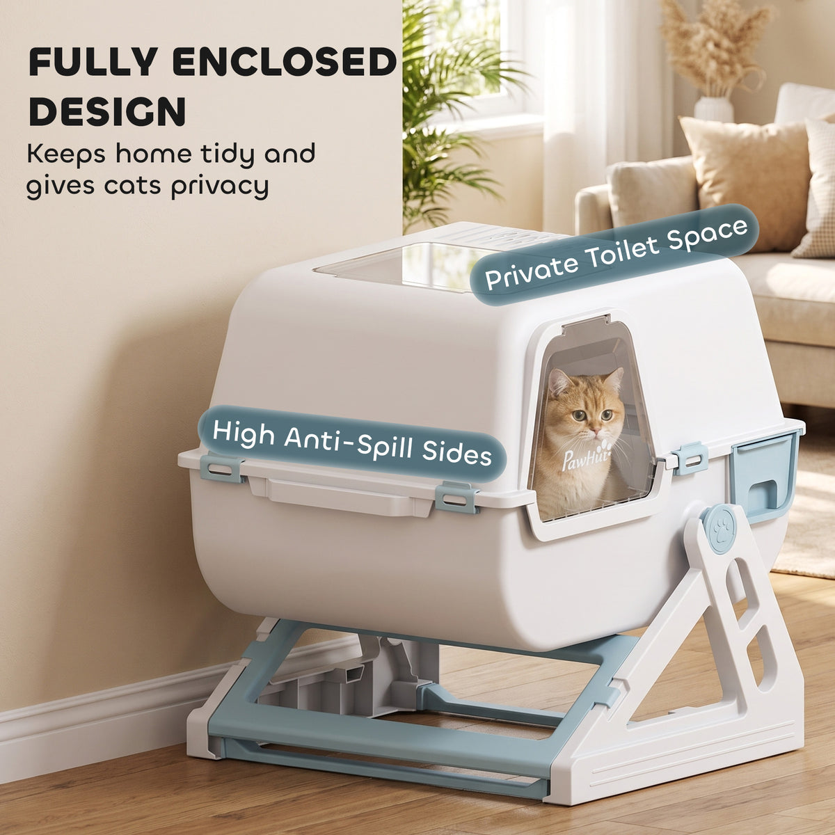 Semi-Automatic Quick Cleaning Cat Litter Box with Lid, Enclosed Cat Litter Box, Flip-to-Clean, Light Blue