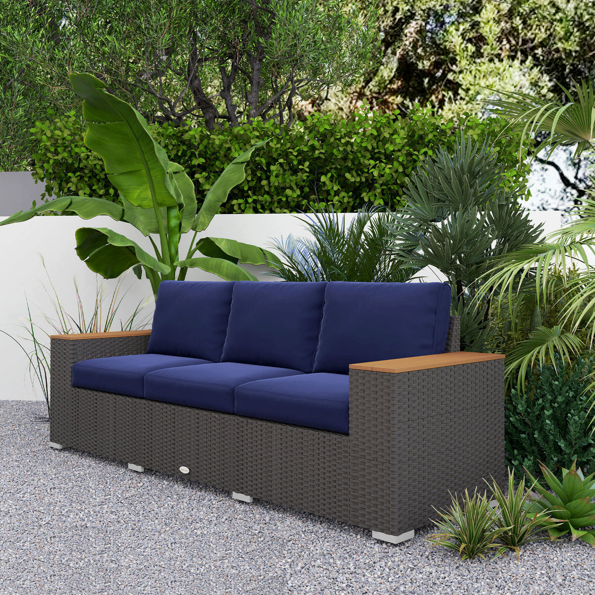 3-Seat Outdoor Patio Sofa, PE Wicker Outdoor Couch with Extra Wide Deep Seat, Wide Armrests 4" Cushions, Navy Blue