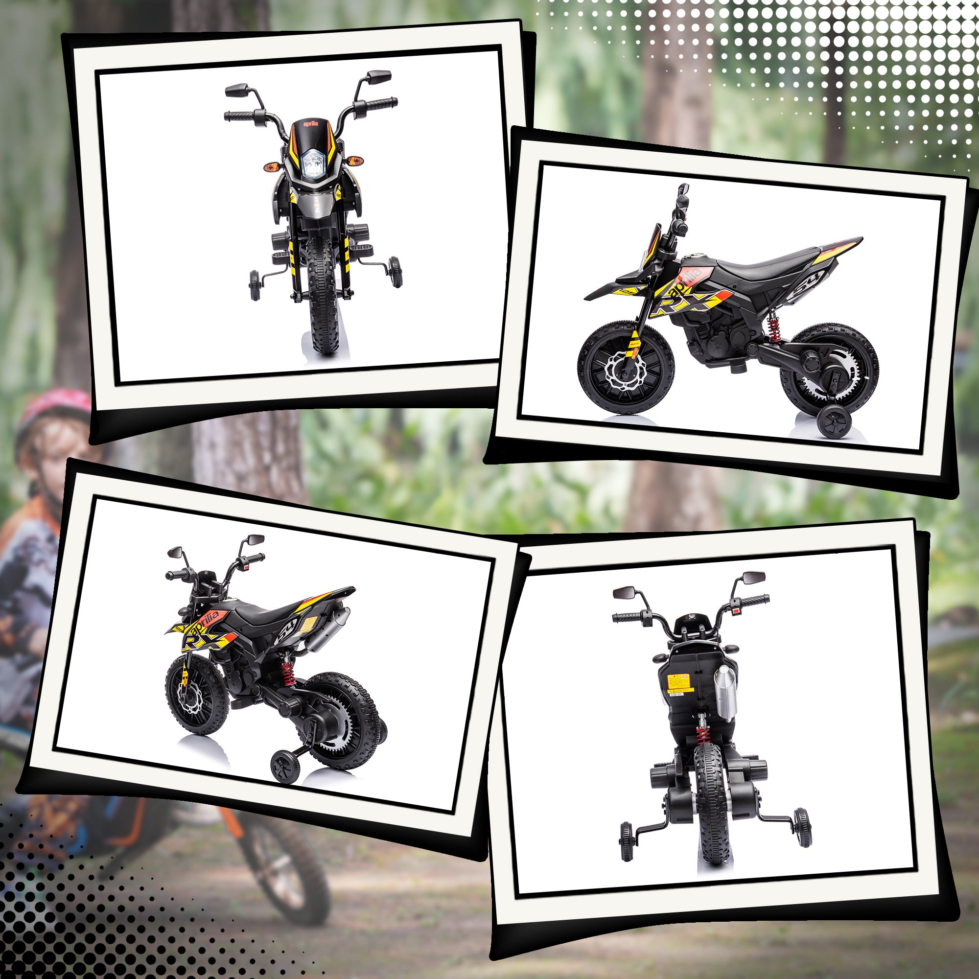 12V Aprilia Licenced Kids Motorcycle with Training Wheels, Spring Suspension, LED Light, USB, Music, Yellow