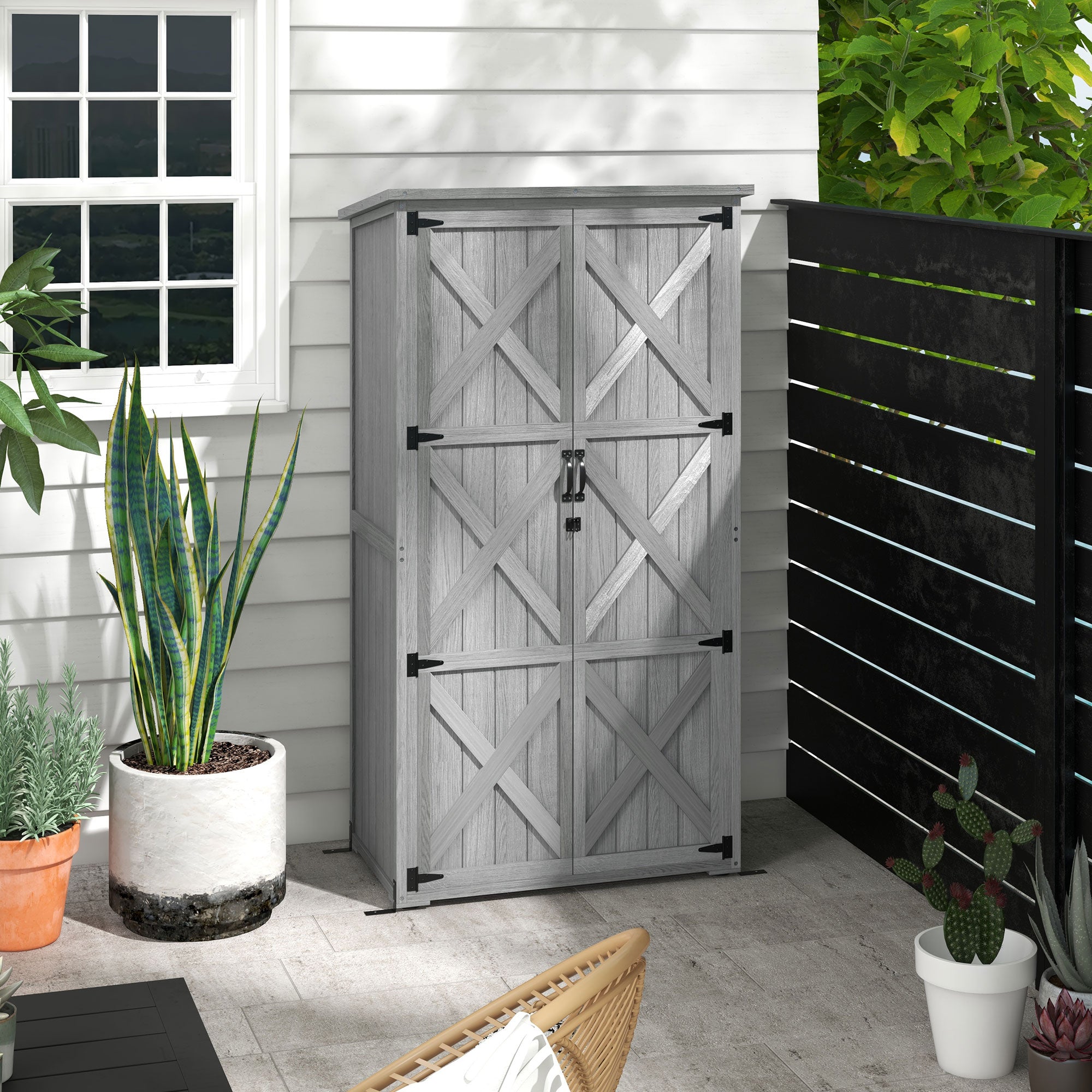 Wooden Outdoor Storage Cabinet Garden Shed with Waterproof Asphalt Roof and Lockable Doors, Gray - Gray - Image 2
