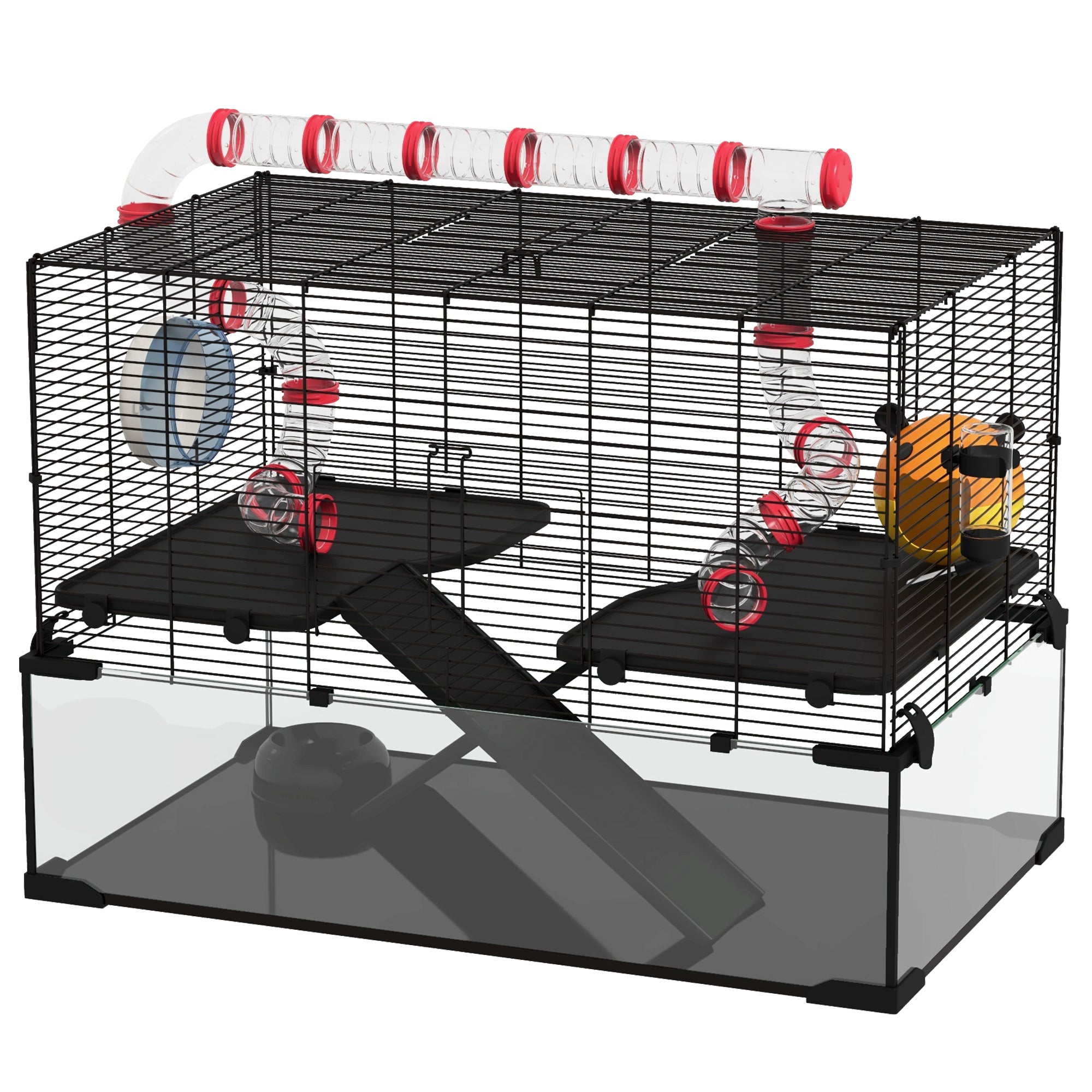 31" Hamster Cage with Tube and Tunnel, Deep Glass Bottom - Black