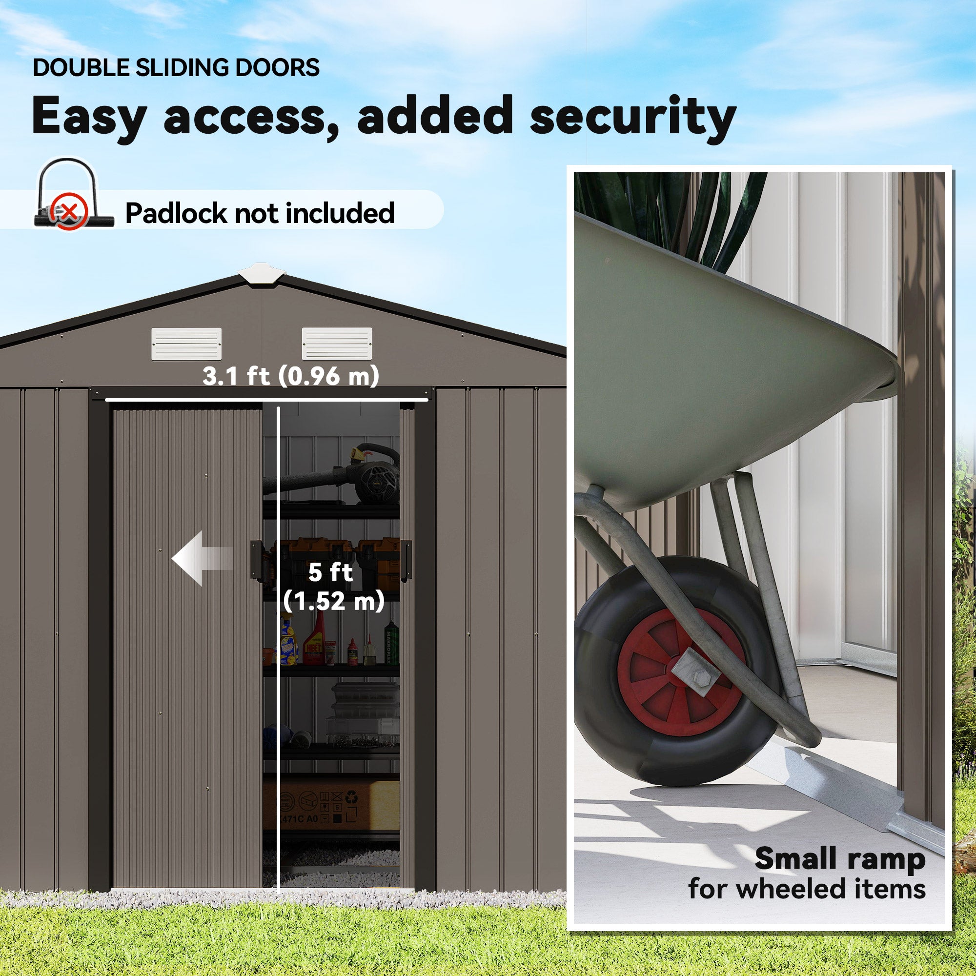 Outdoor Shed Garden Storage Shed Tool Storage Building with 4 Vents and 2 Sliding Doors, 9 x 6 FT, Brown - Brown - Image 5