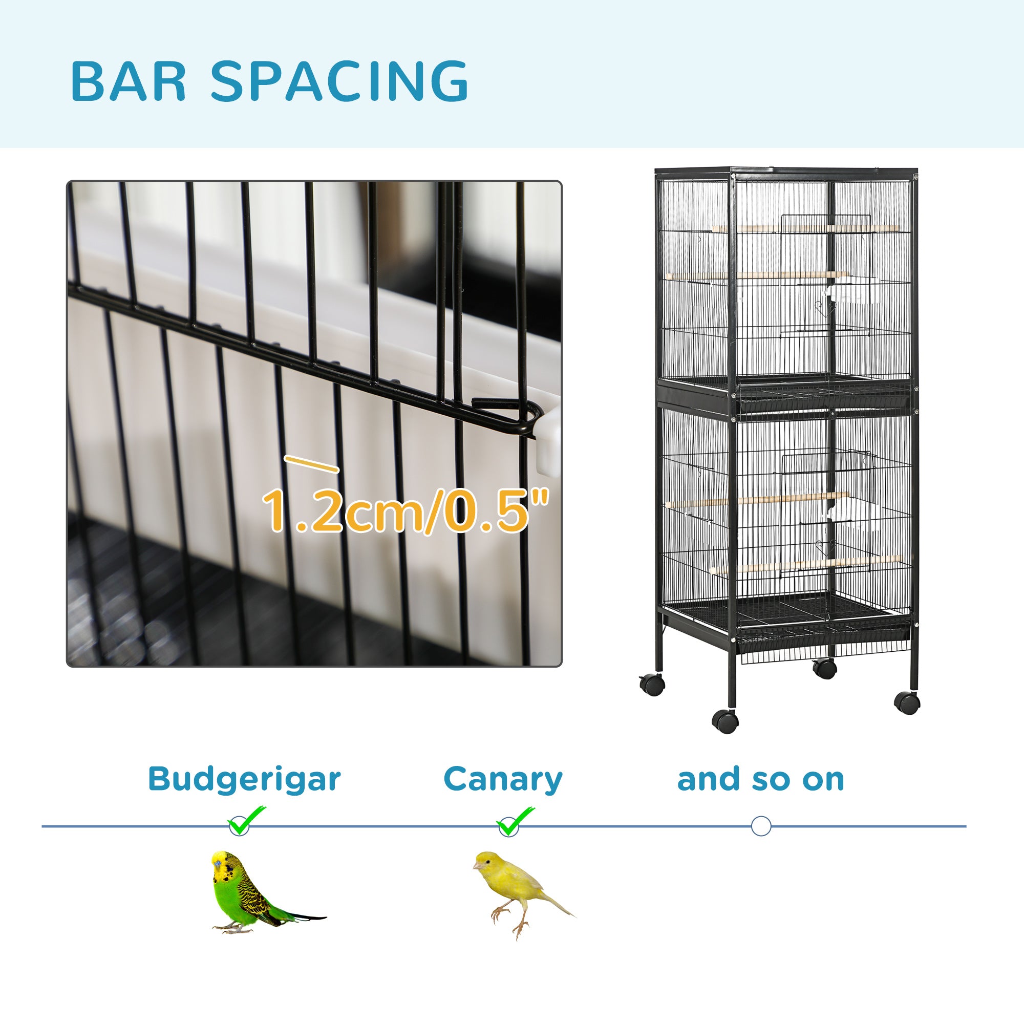 55" 2 In 1 Bird Cage Aviary Parakeet House for finches, budgies with Wheels, Black - Black - Image 7