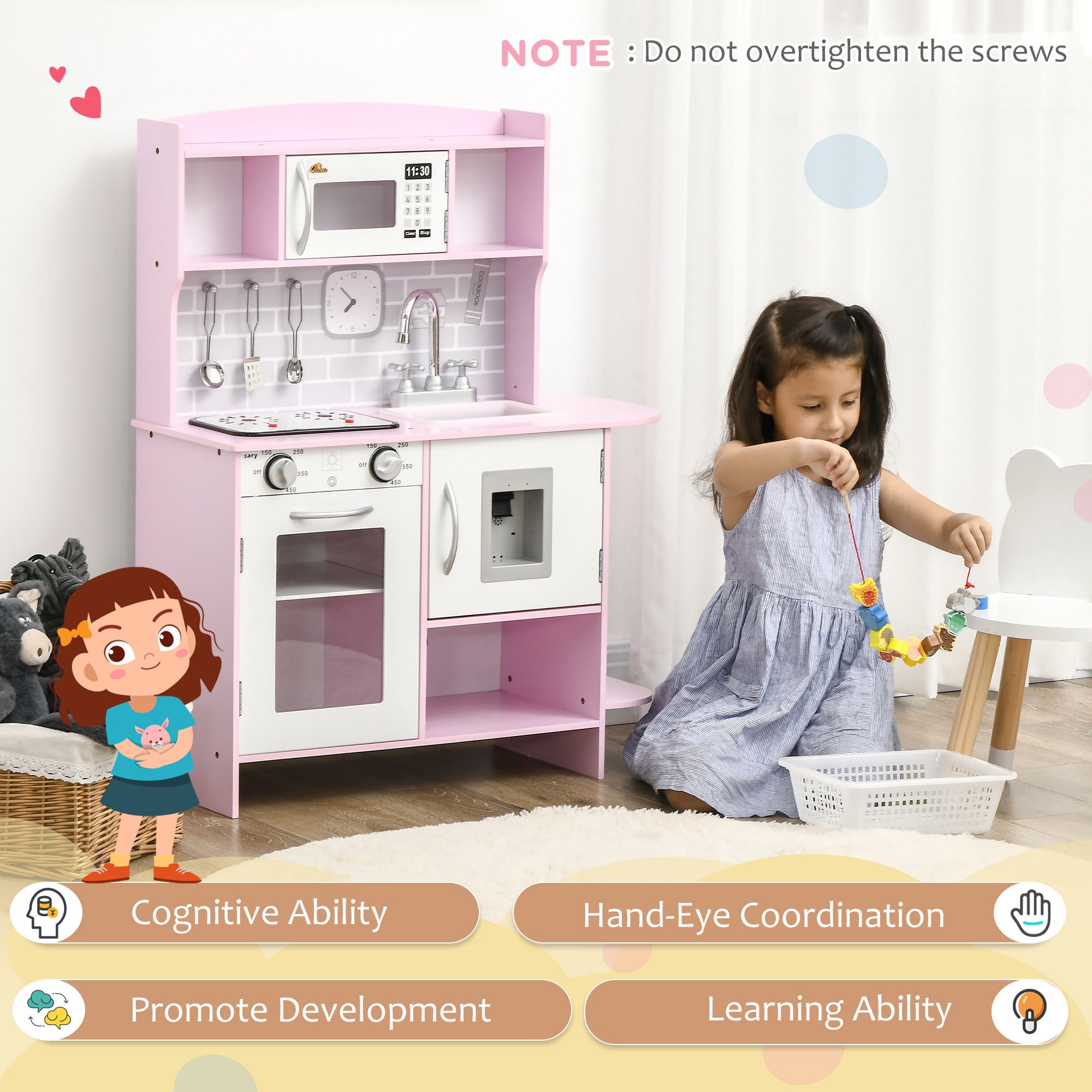 Pretend Play Kitchen with Sound Effects and Stove Lights, Kids Kitchen Playset with Storage, Water Dispenser Preschool & Kindergarten Gift for 3-6 Years Old, Pink