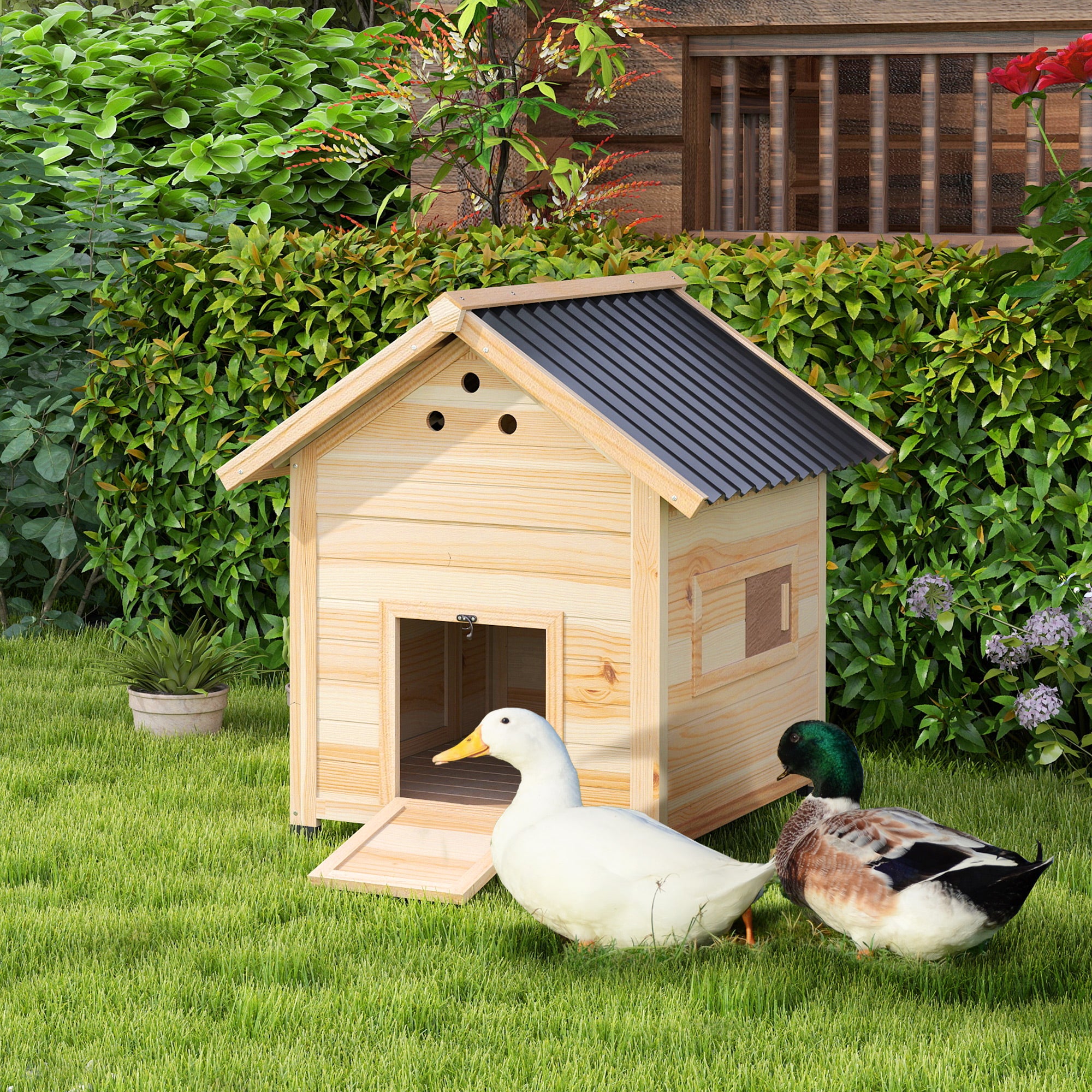 Duck Coop, Wooden Duck House with Openable Roof & Double Doors, Natural Wood - Natural Wood - Image 2