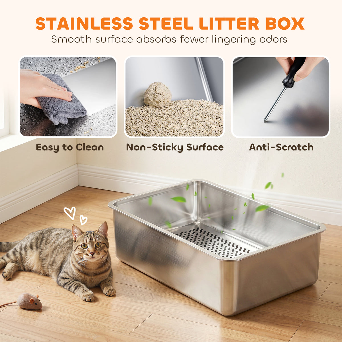 Stainless Steel Sifting Litter Box for Pine Pellets, Large Metal Litter Box with Sifter Tray, Metal Scoop, 10 Pee Pads