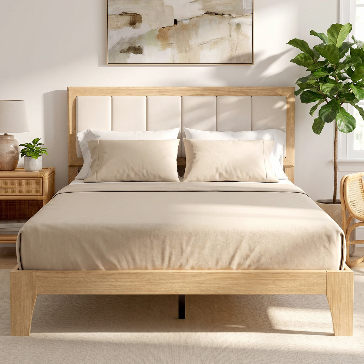 Full Bed Frame with Headboard Full Size Platform Bed Frame with Wooden Slats No Box Spring Needed Easy Assembly Oak