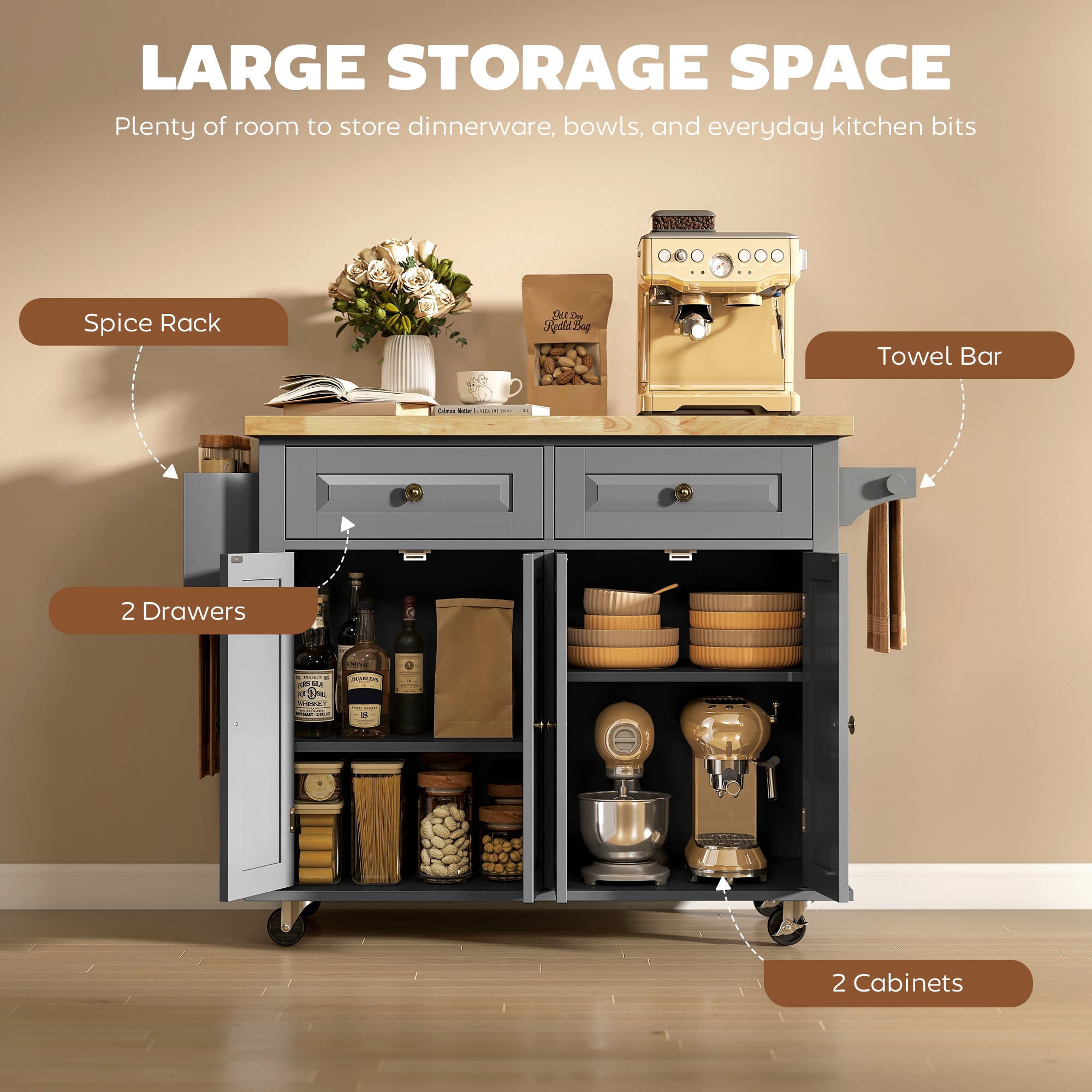 44" Mobile Kitchen Island Table, Kitchen Island Cart on Wheels with Storage Cabinets, 2 Drawers, Gray