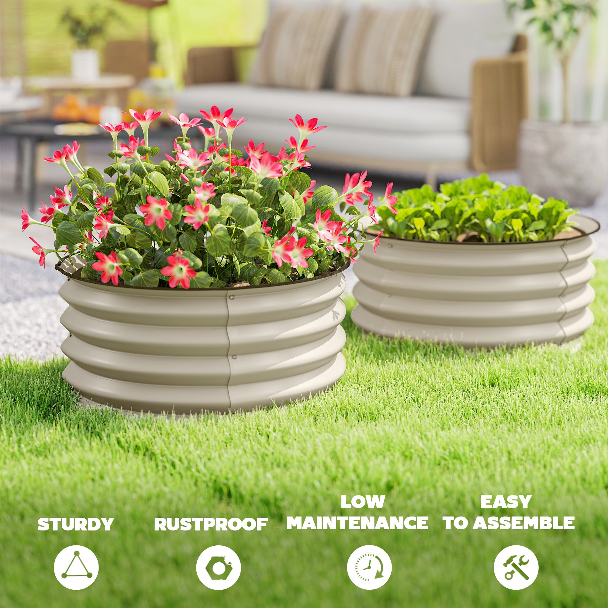 Set of 2 Raised Garden Bed, Metal Planter Box with Safety Edging, Easy-to-assemble Stock Tank, Cream - Cream White - Image 7