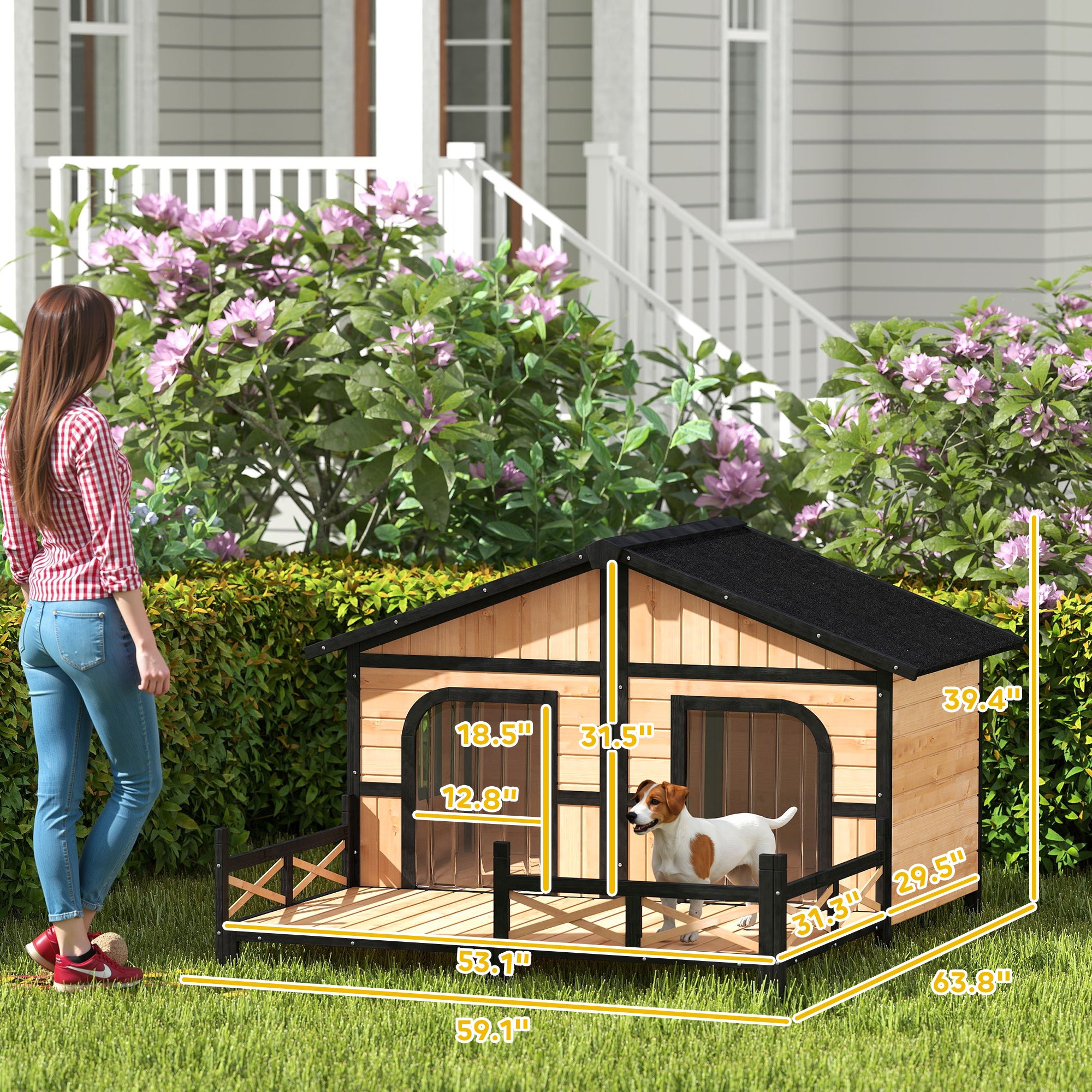 Dog House Outdoor, Wooden Dog Kennel Weatherproof with Porch, Openable Roof, Removable Bottom, Elevated Floor, Double Room for 2 Small to Medium Breeds, Natural - Natural Wood - Image 3
