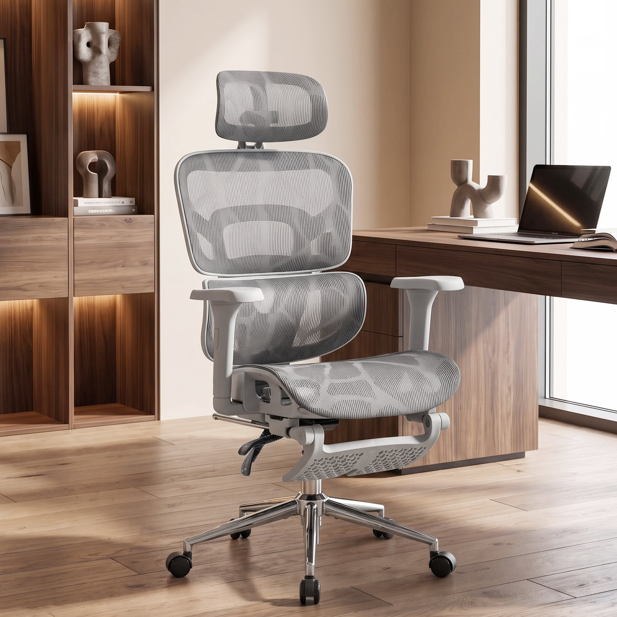 Ergonomic Office Chair with Lumbar Support, 2D Headrest, Mesh Reclining Desk Chair with Footrest, Swivel Wheels, Gray