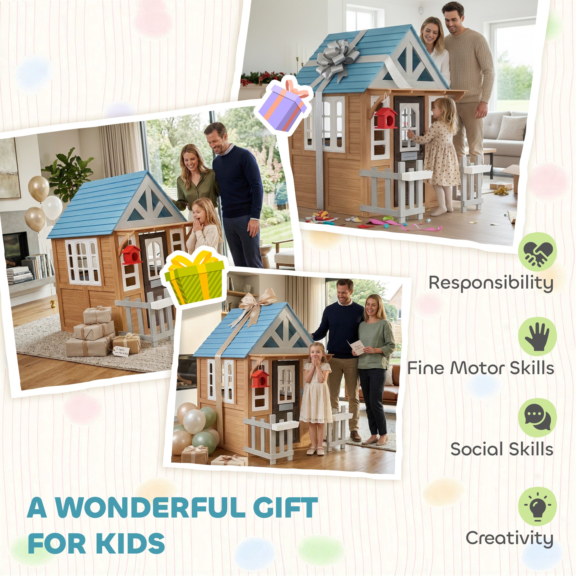 Wooden Kids Playhouse with Pet Door, Play Kitchen, Mailbox, Doorbell, Birdhouse, Fence and Windows for Pretend Play