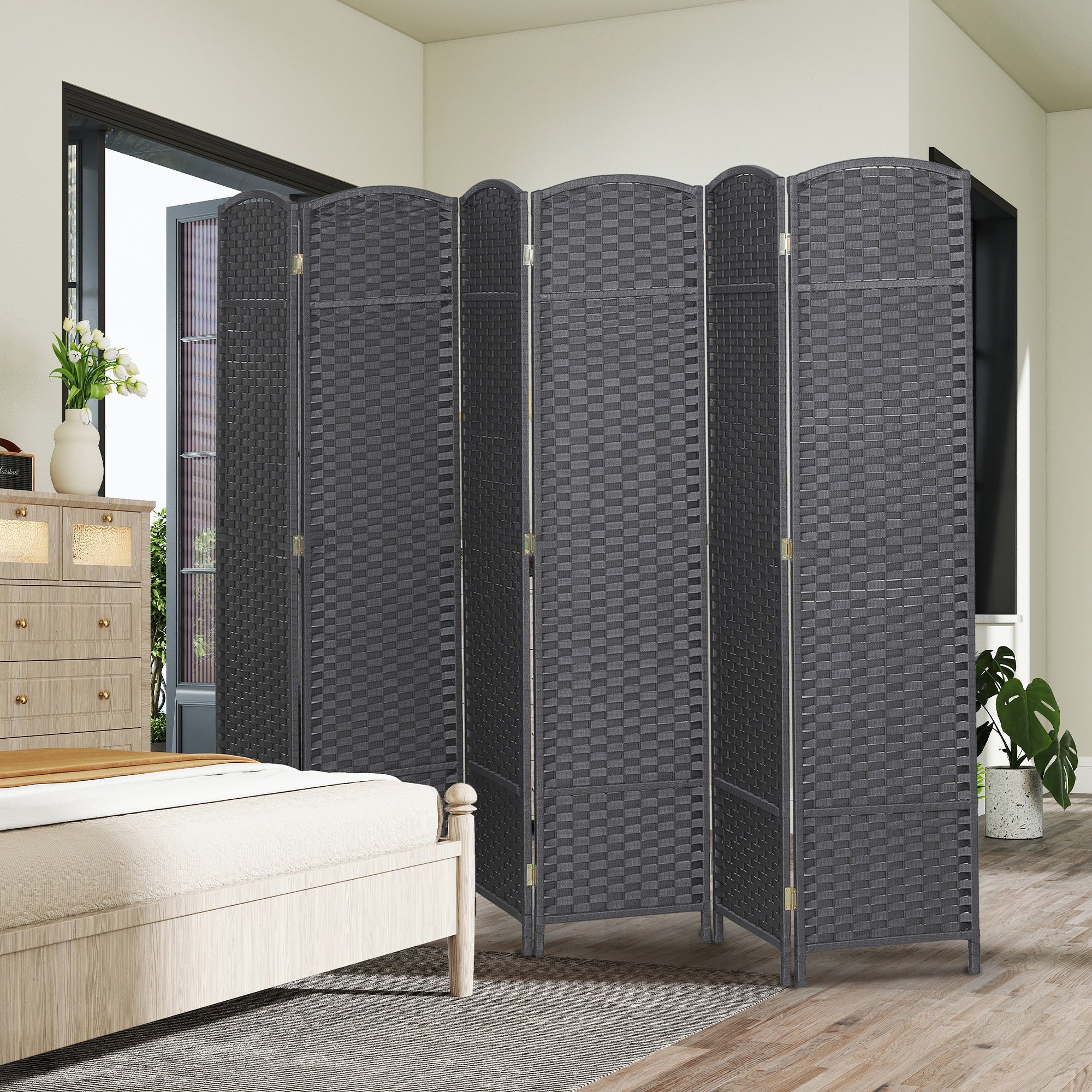 Folding Room Divider Screen 6 Panel 5.6' Tall Privacy Screen Freestanding Room Partition for Home Office, Charcoal Gray