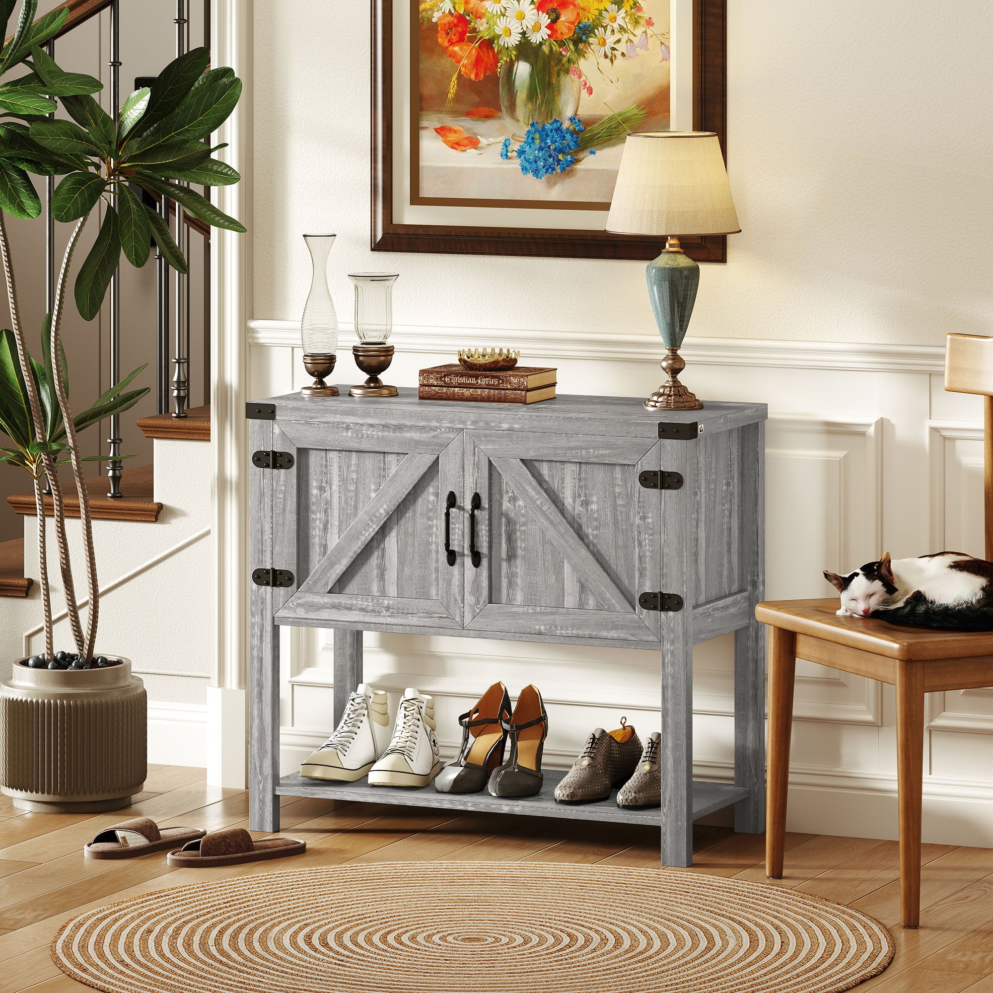 Farmhouse Double Door Coffee Bar Cabinet, Kitchen Cabinet with Bottom Shelf for Entryway, Living Room, Stone Gray