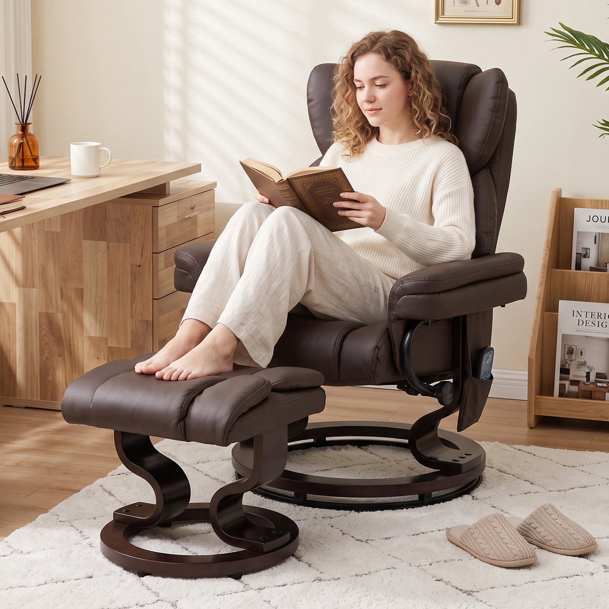 Massage Recliner Chair with Footrest, Swivel Armchair, Wrapped Wood Base, 10 Massage Points, Faux Leather, Brown
