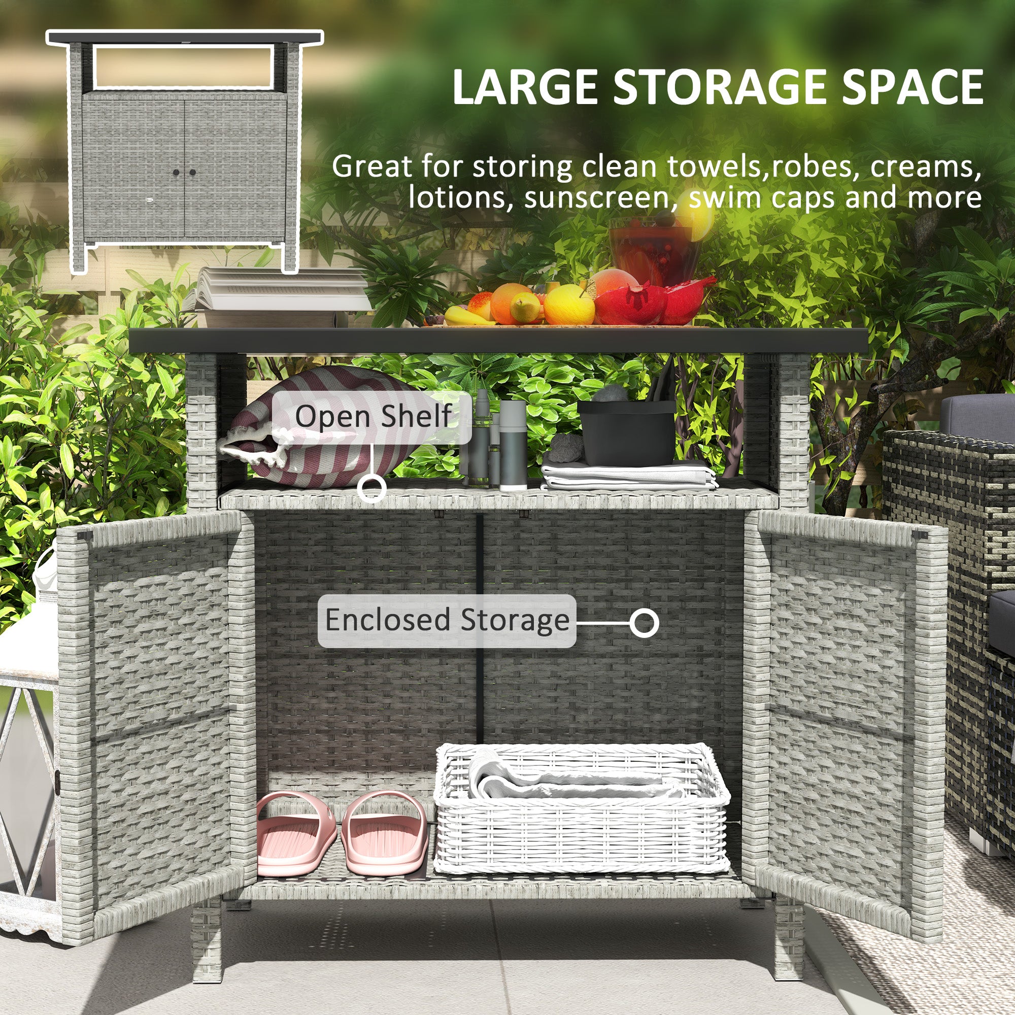 Wicker Outdoor Storage Cabinet with Two Doors and Shelf for Outdoor Pool Towel Storage, Gray - Gray - Image 4