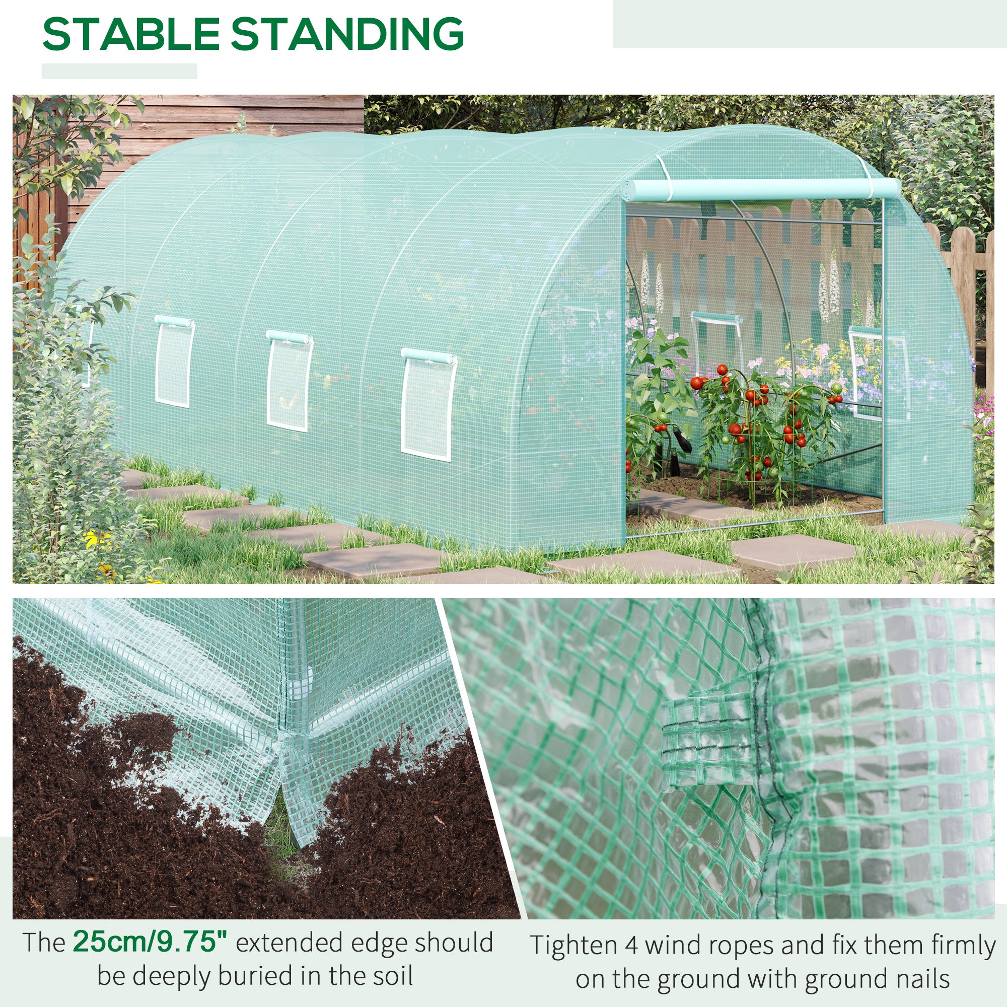 20' x 10' x 7' Walk-In Tunnel Greenhouse with Zippered Door & 8 Mesh Windows, Large Garden Green House Kit, Galvanized Steel Frame, Green - Green - Image 6