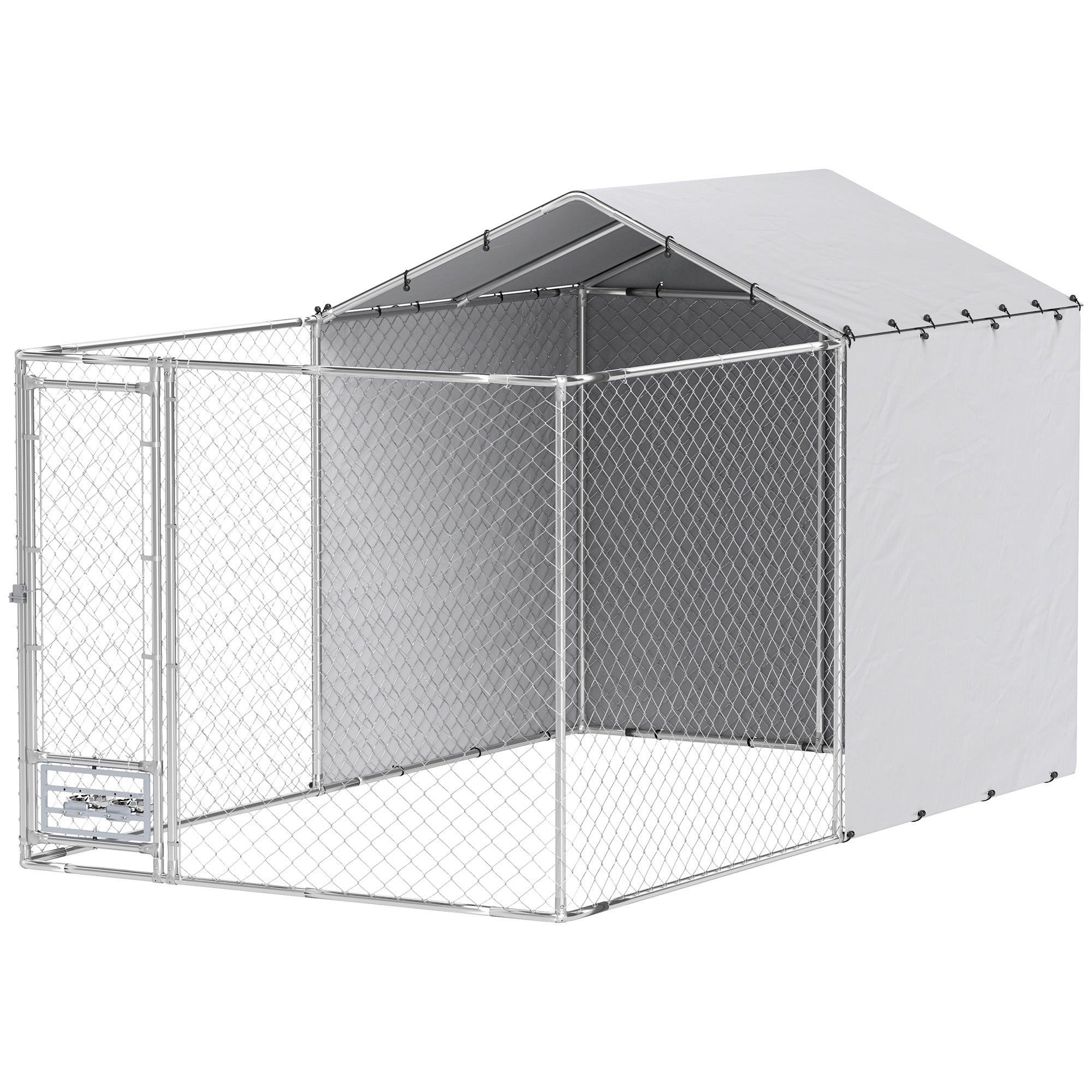 Galvanized Chain Link Large Outdoor Dog Kennel with Waterproof & UV-Resistant Cover, for M&L Dogs, 13.1' x 7.5' x 7.5' - Silver