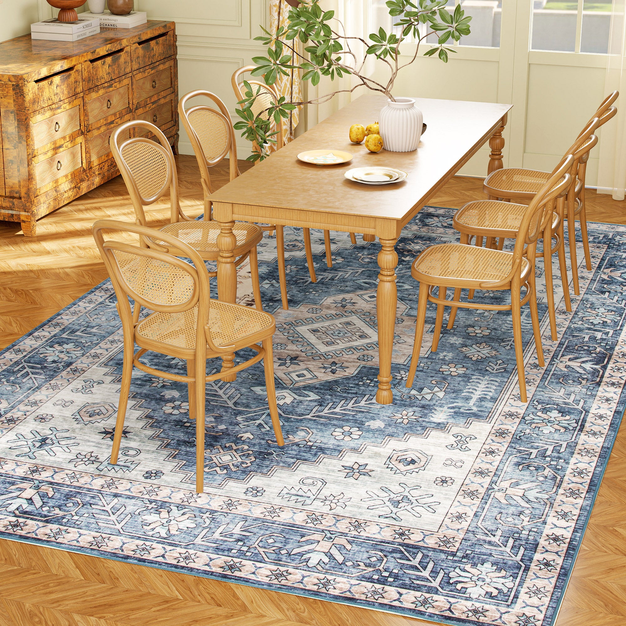 8x10 Area Rug, Vintage Washable Rug, Non-Slip Floor Carpet for Living Room, Bedroom, Dining Room, Blue