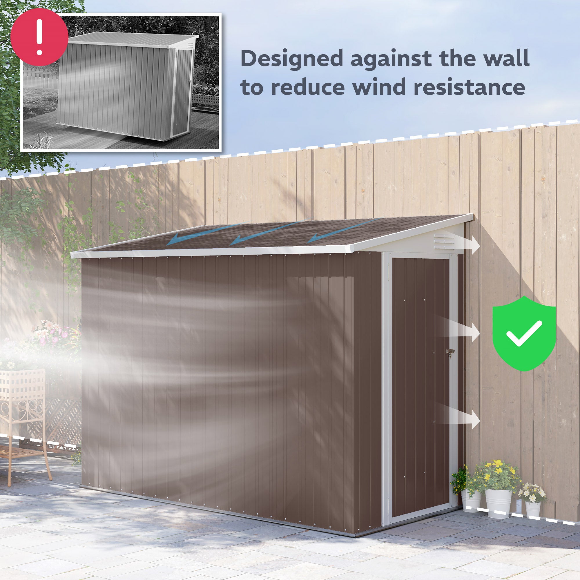 4' x 7.7' Lean to Garden Storage Shed, Outdoor Metal Tool House with Lockable Door Vents for Backyard Patio Lawn - Brown - Image 6
