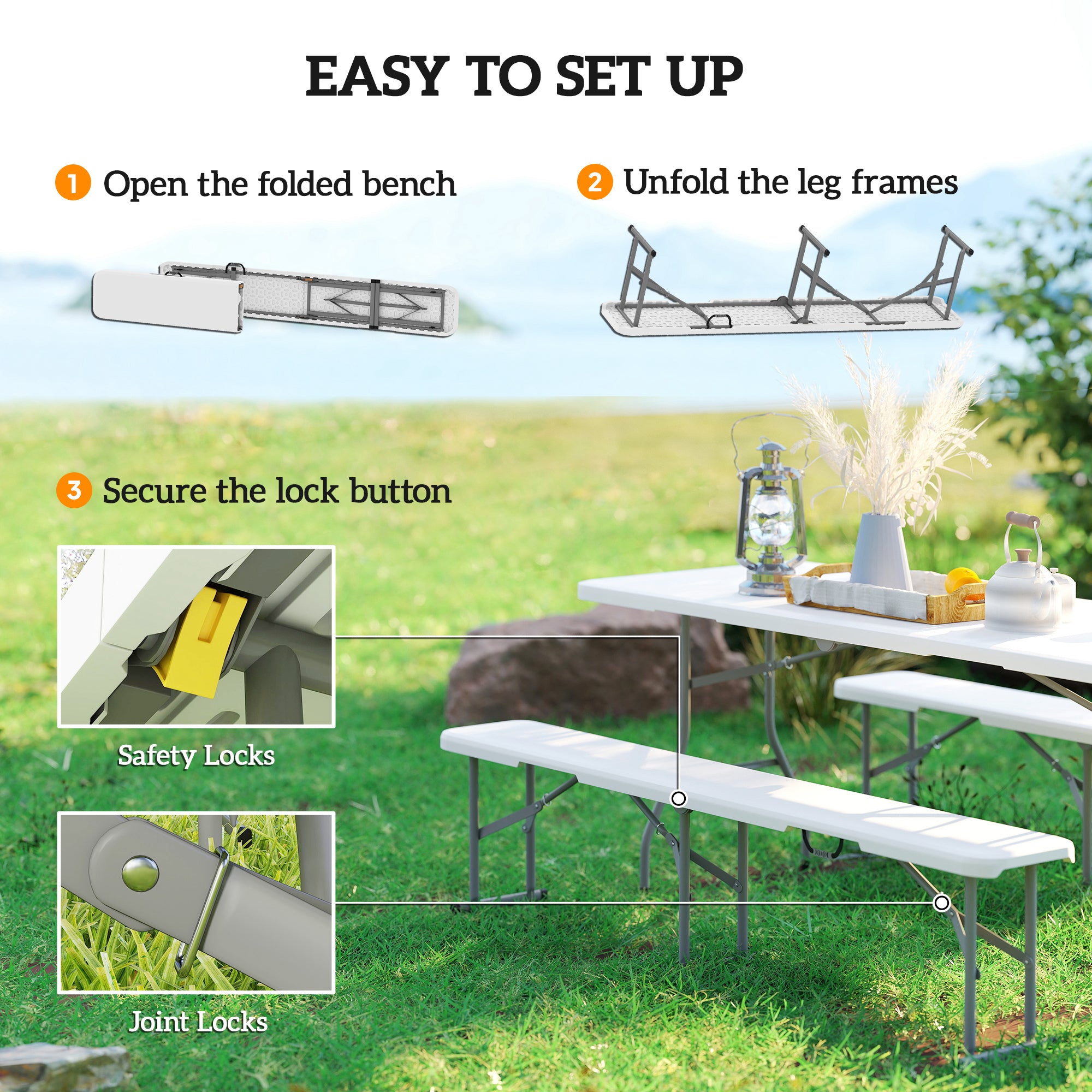 2 Pack 6 ft Portable Foldable Bench Seats, Plastic Folding Benches with Carrying Handle for Camping, White