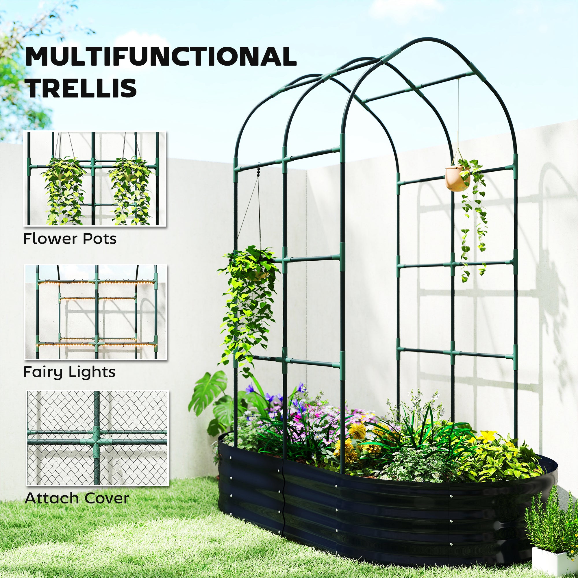 Galvanised Raised Garden Bed with Arched Trellis, 5 x 3 x 6ft Metal Outdoor Planter Box with Open Bottom, Dark Gray - Dark Gray - Image 5