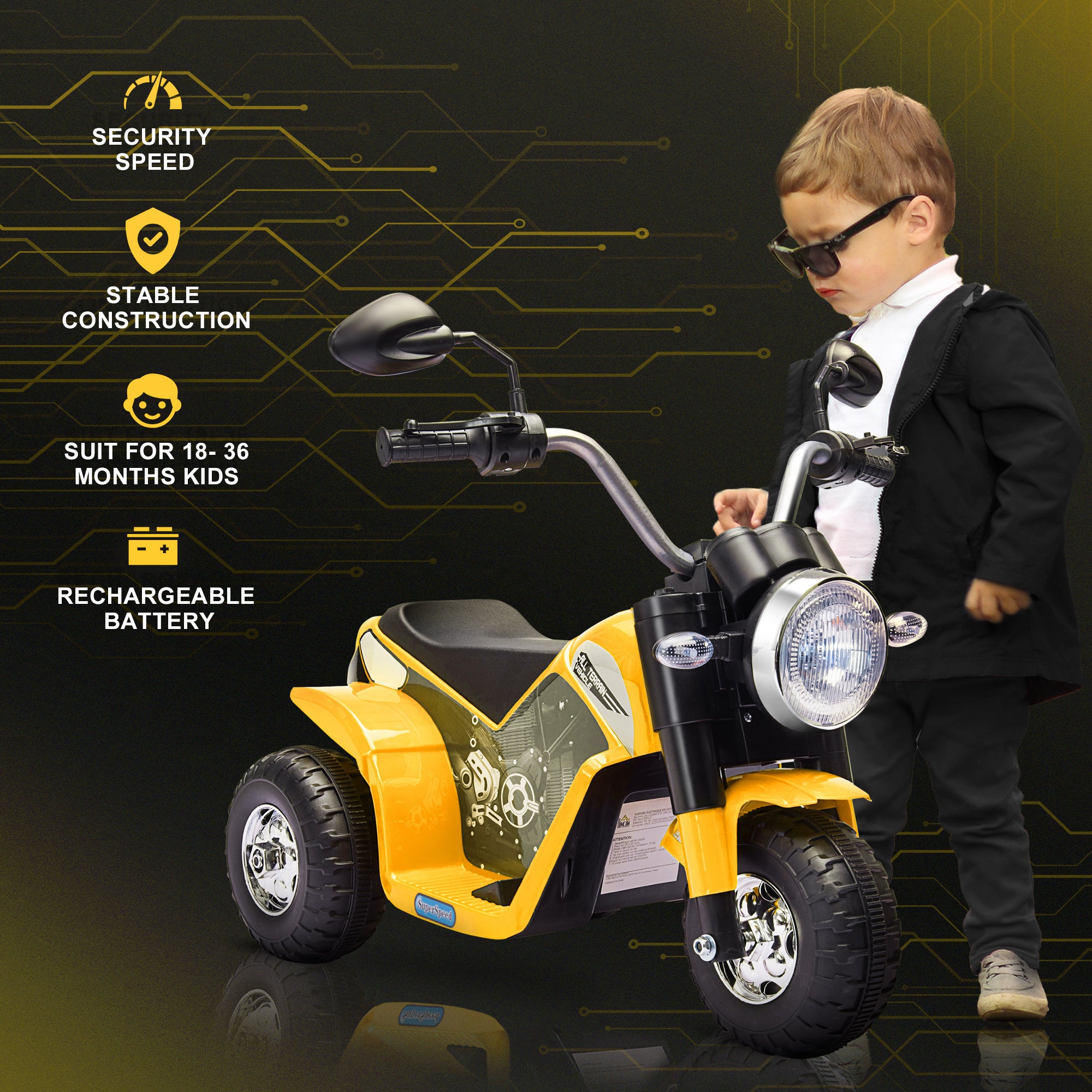 Electric Motorcycle for Kids, 6V Battery Powered Ride-On Dirt Bike 3-Wheels Motorbike with Horn Headlights Realistic Sounds Speed for 18 - 36 Months Yellow