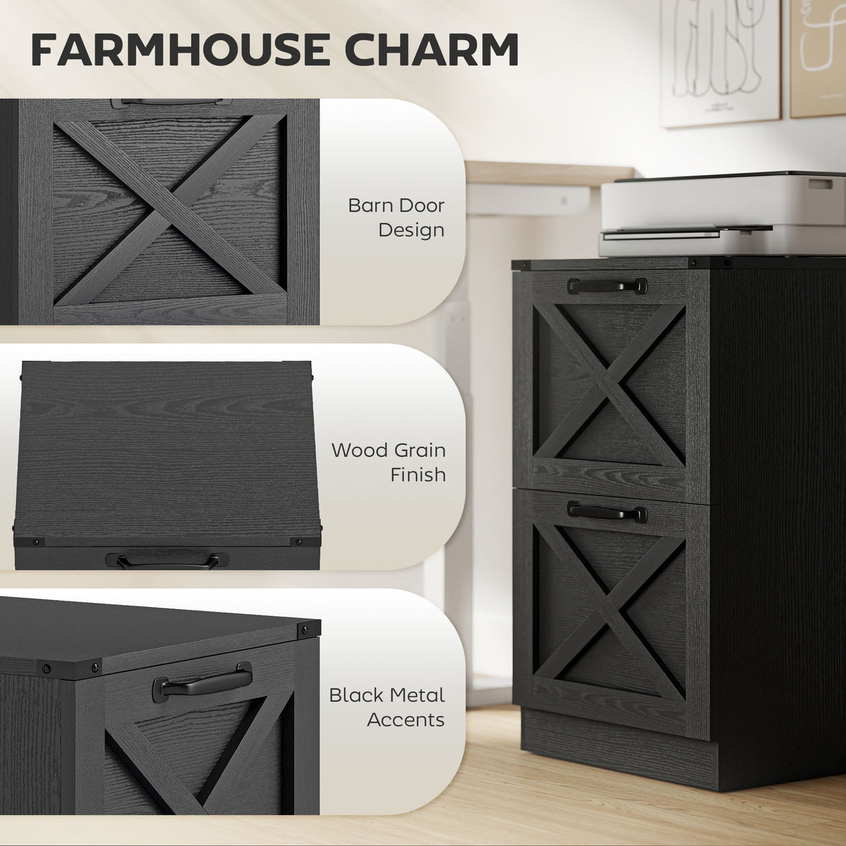Vertical Storage Drawers Farmhouse X Pattern Printer Stand Fits Letter Files 2 Drawers Black
