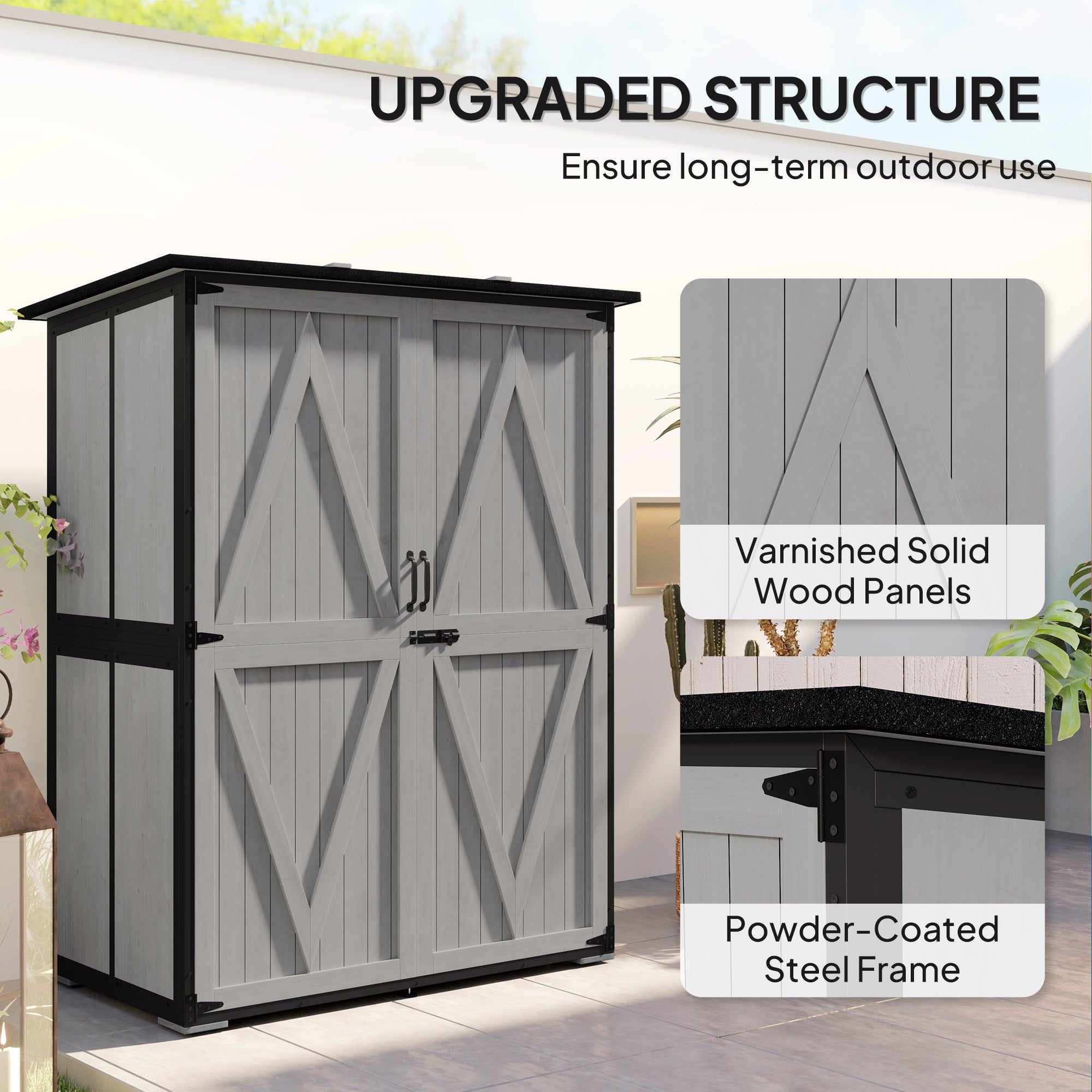 Wood Storage Shed, Outdoor Garden Shed with Asphalt Roof, 2 Shelves, Lockable Doors and Adjustable Feet, Gray - Gray - Image 4
