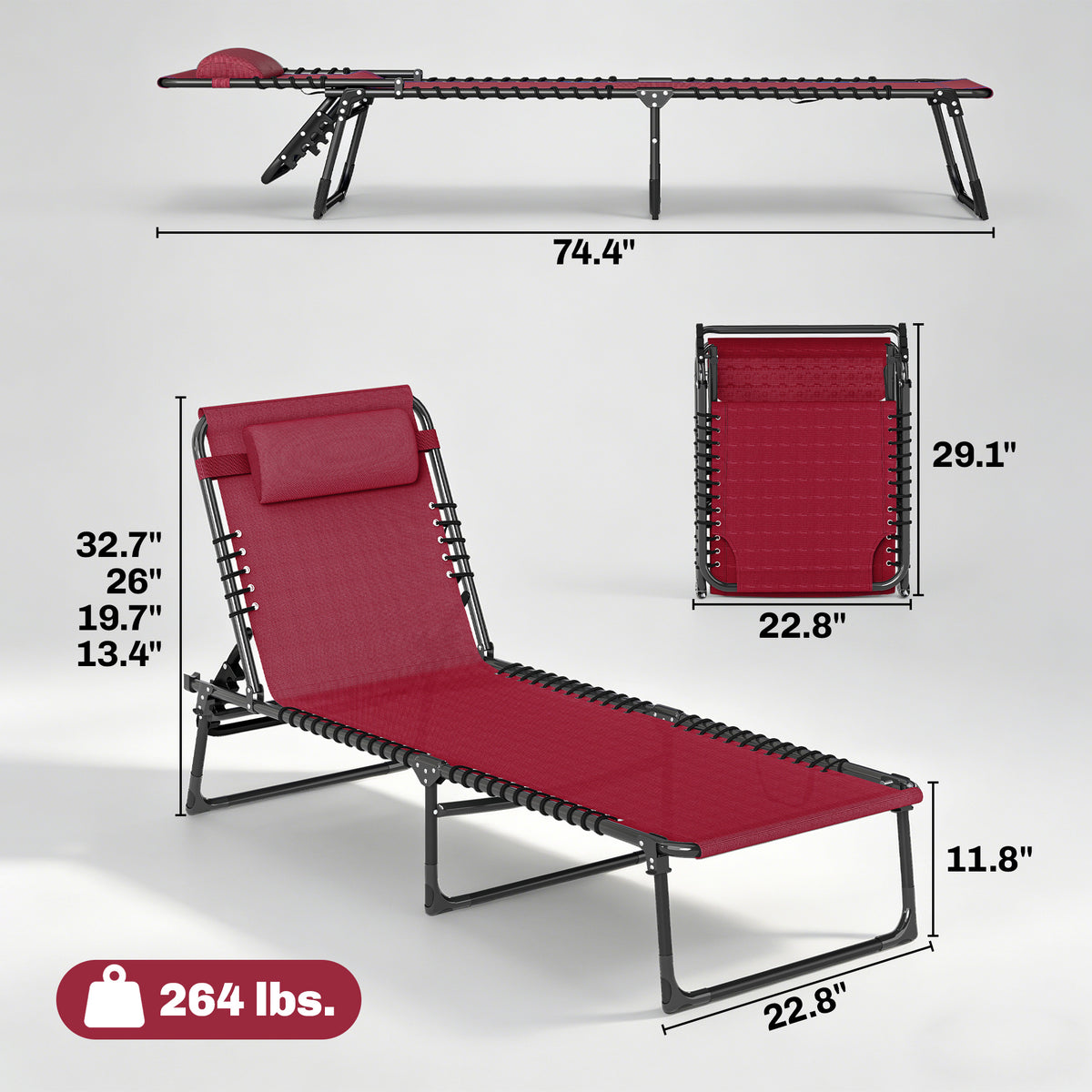 Folding Chaise Lounge Pool Chair with 4-Position Reclining Back, Pillow, Breathable Mesh & Bungee Seat, Wine Red