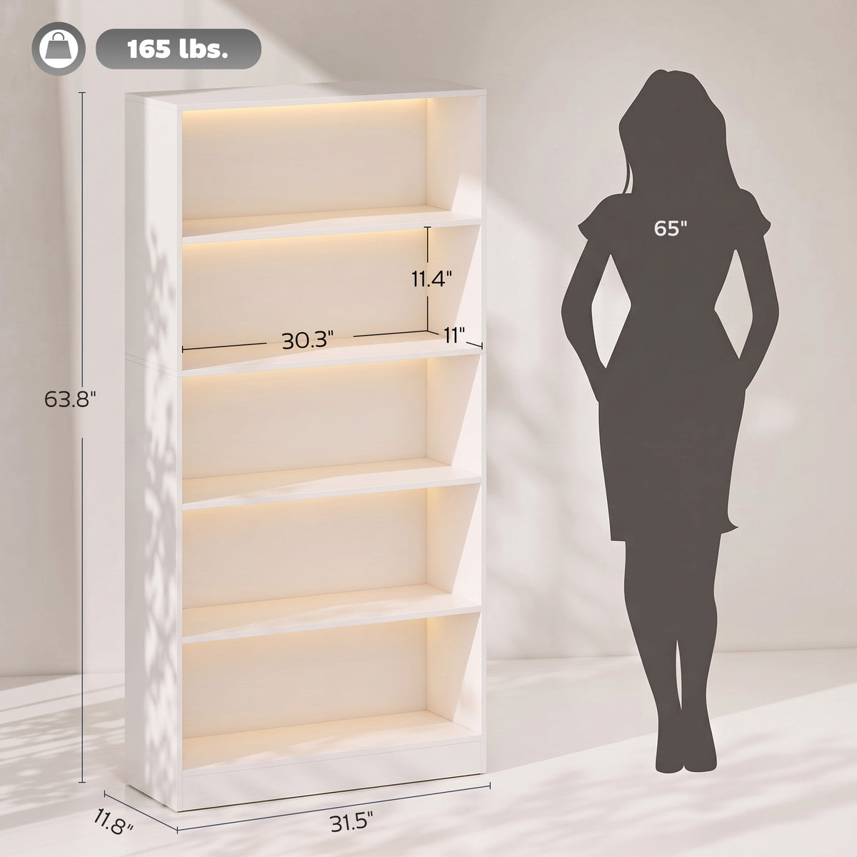 Bookshelf with LED Lights, 5-Tier Bookcase, Cable Holes, for Living Room, Study, White Wood Grain