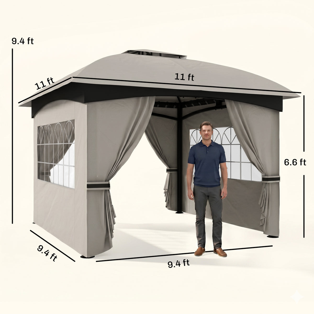 11' x 11' Outdoor Gazebo, Double Roof Patio Gazebo with Curtains, Church Windows, Galvanized Steel Frame, Light Gray