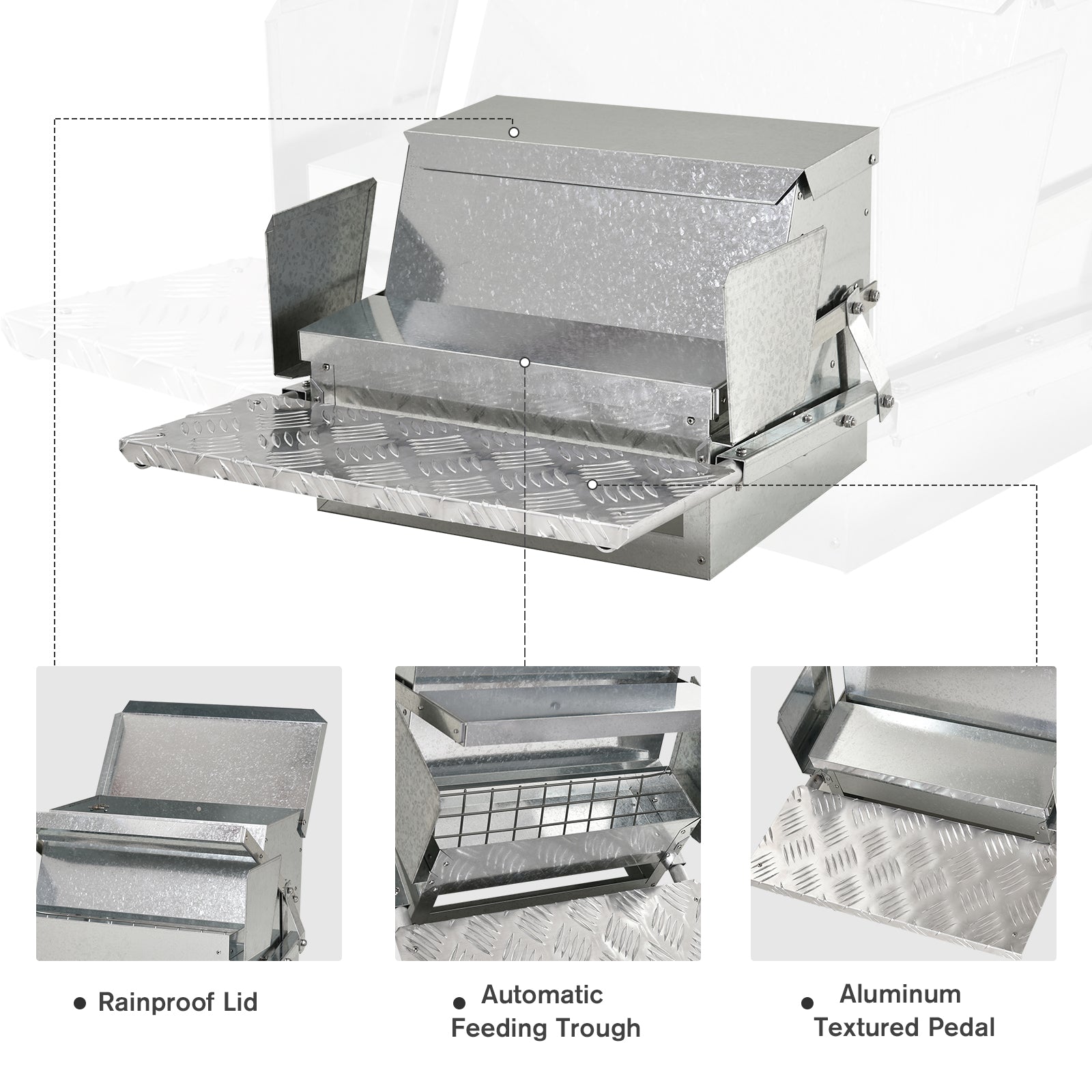 25 lbs Capacity Automatic Chicken Poultry Feeder with a Galvanized Steel and Aluminium Build, Weatherproof Design - Silver - Image 5