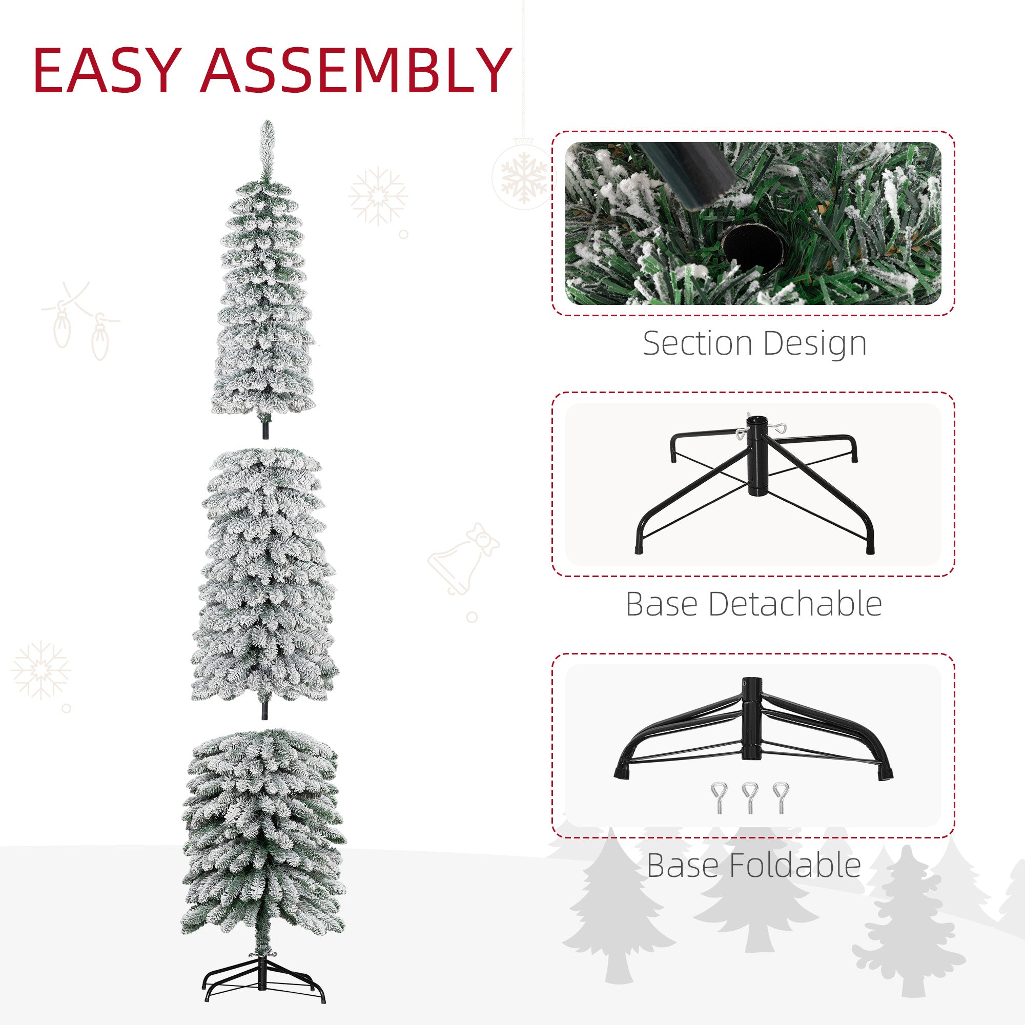 8' Tall Unlit Slim Pencil Xmas Tree, Snow Flocked Artificial Christmas Tree with Realistic Branches and 603 Tips, Green