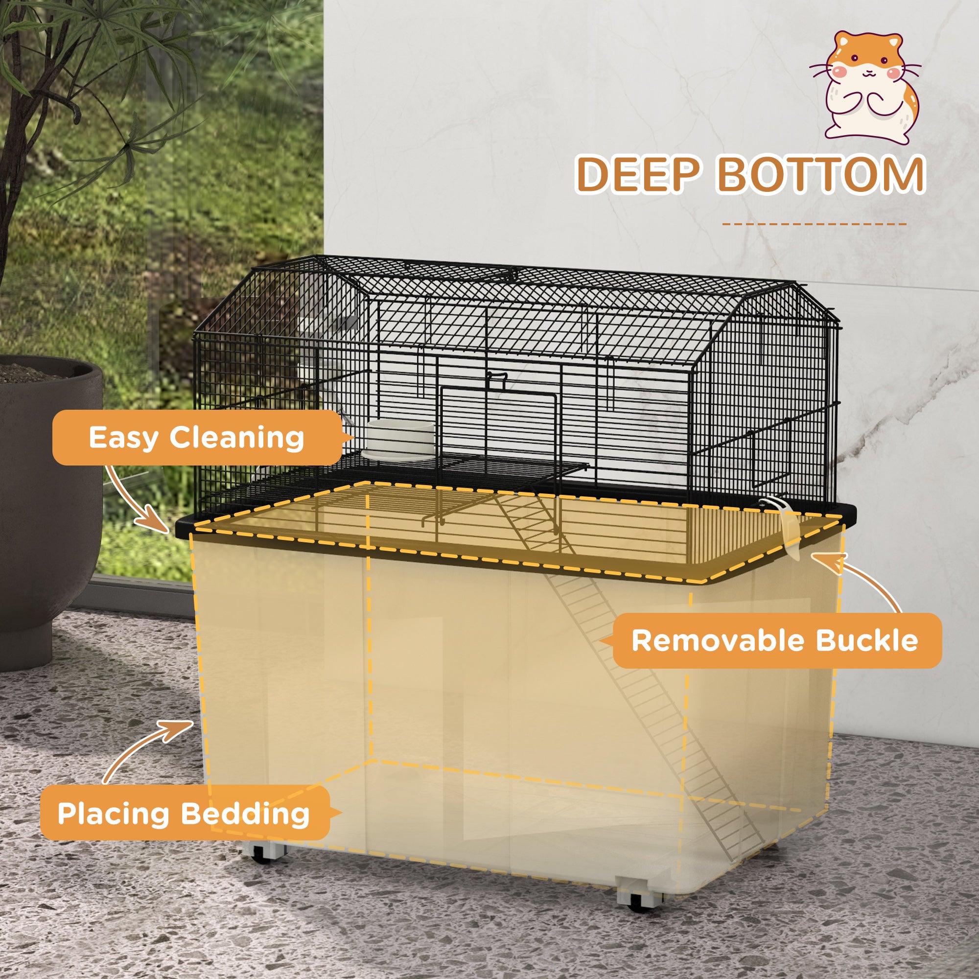 22" 2-Tier Hamster Cage with Extra-Deep 14" Base, Small Animal Cage with Ramp, Water Bottle, Food Dish, Wheels, Black - Black - Image 7