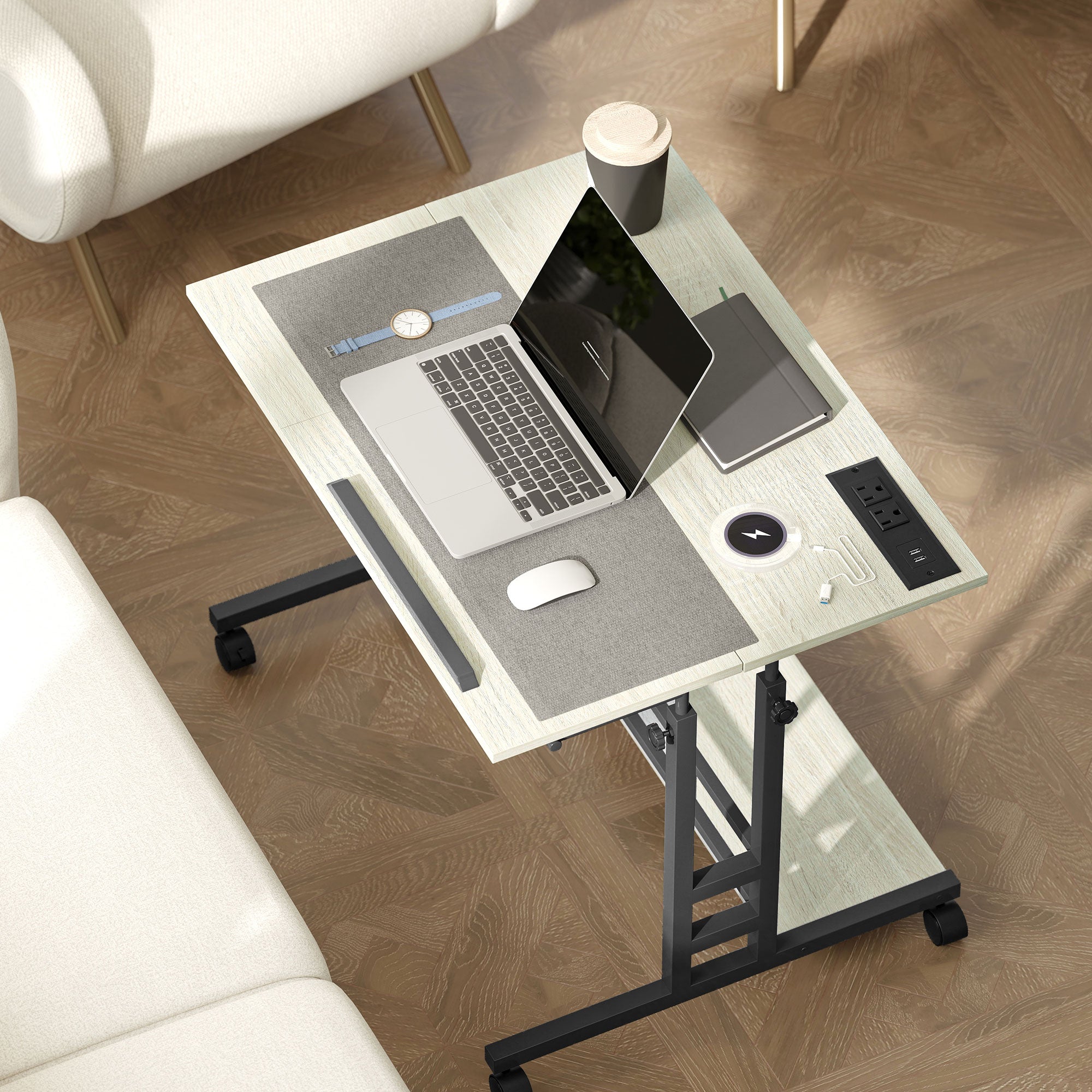 Adjustable Standing Desk with Power Outlets, Stand Up Desk with Tiltable Tabletop, Wheels, Shelf, for Home Office, Oak
