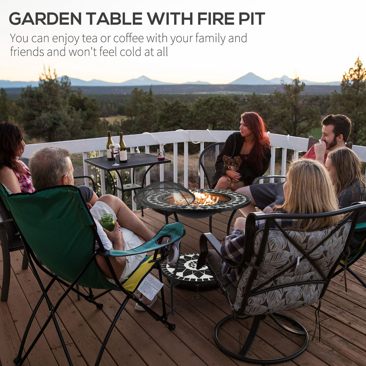 30" Outdoor Fire Pit Dining Table, 3-in-1 Round Wood Burning Fire Pit Bowl, Patio Ice Bucket with Storage Shelf
