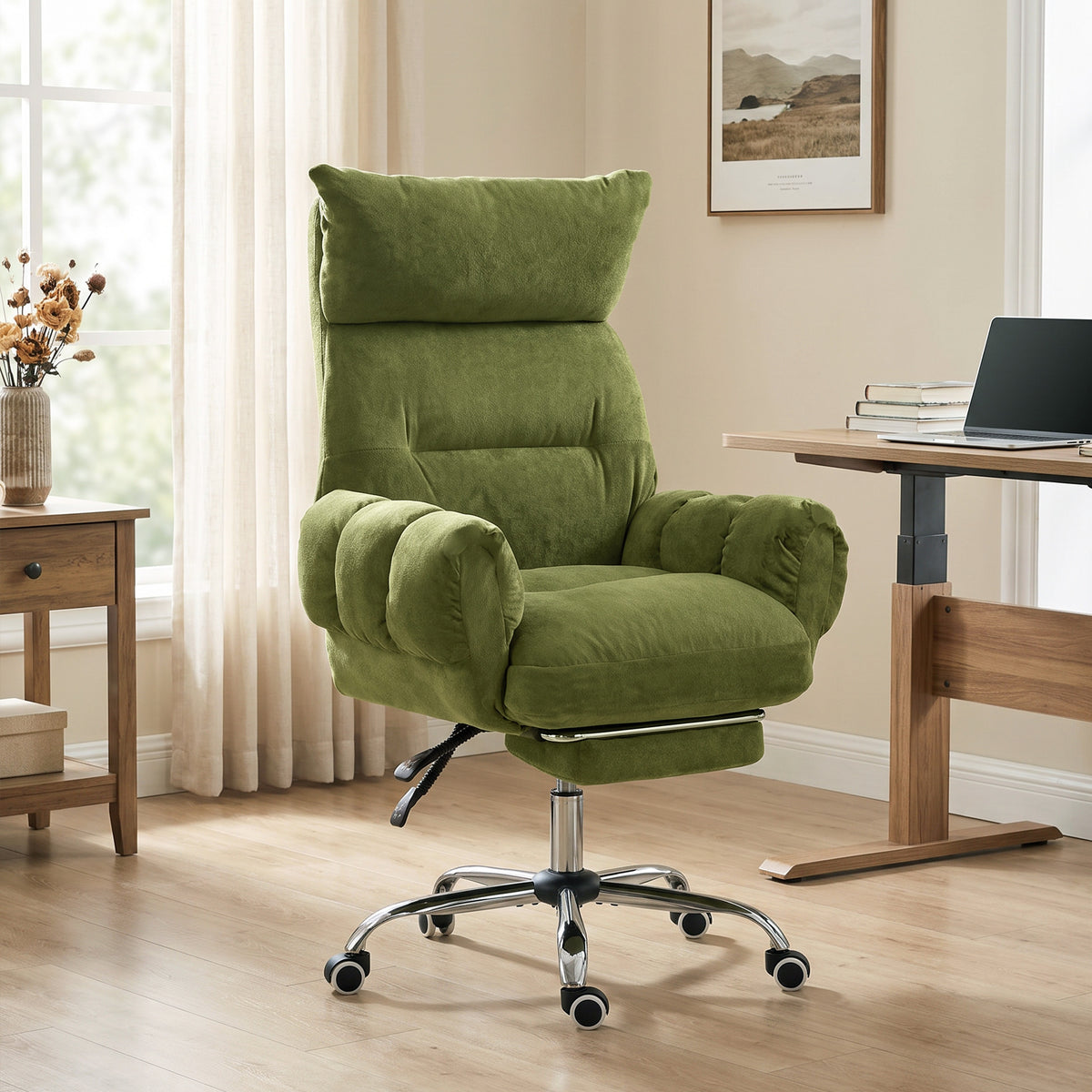 Criss Cross Office Chair with Flip-Up Armrests, Wide Seat, Reclining Cross Legged Desk Chair with Footrest, Green