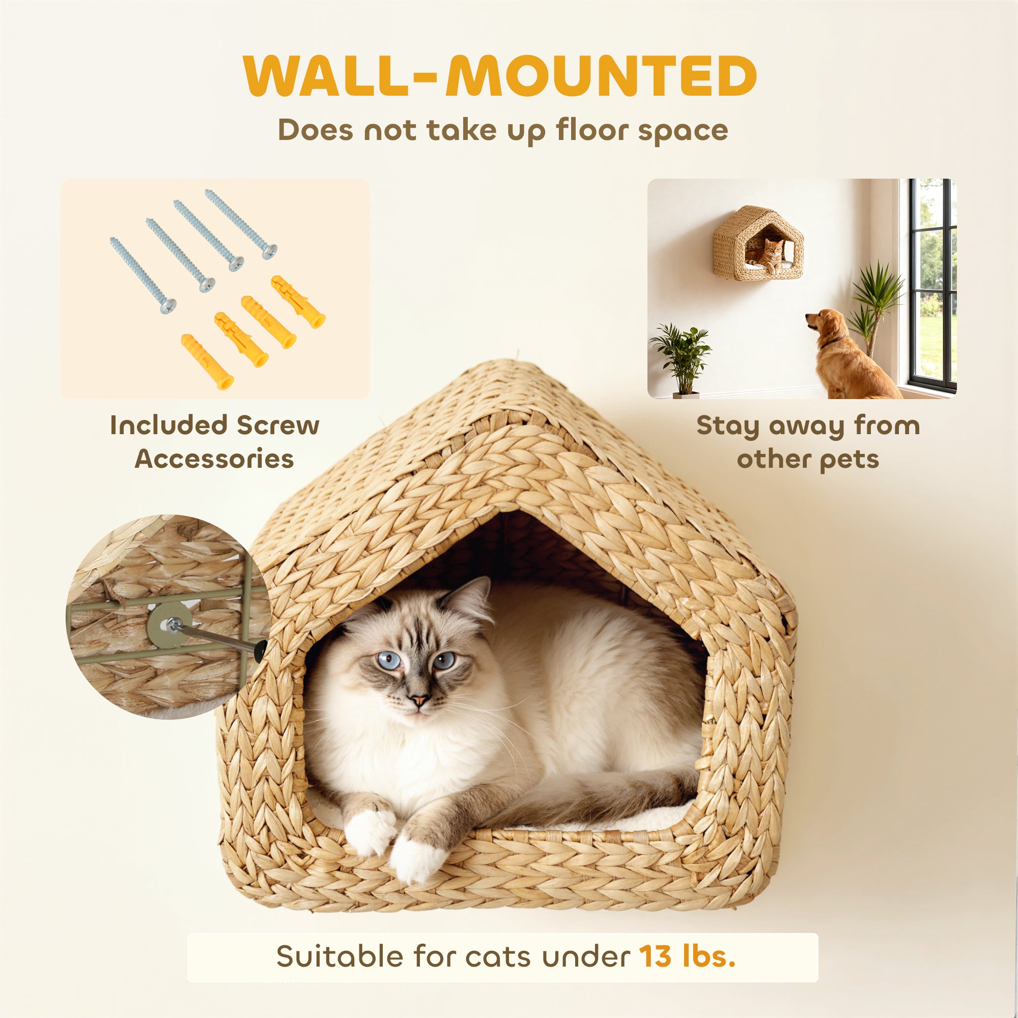Wall Mounted Cat House, Cat Wall Furniture, Cat Wall Shelf with Washable Cushion, Natural - Natural Wood - Image 4