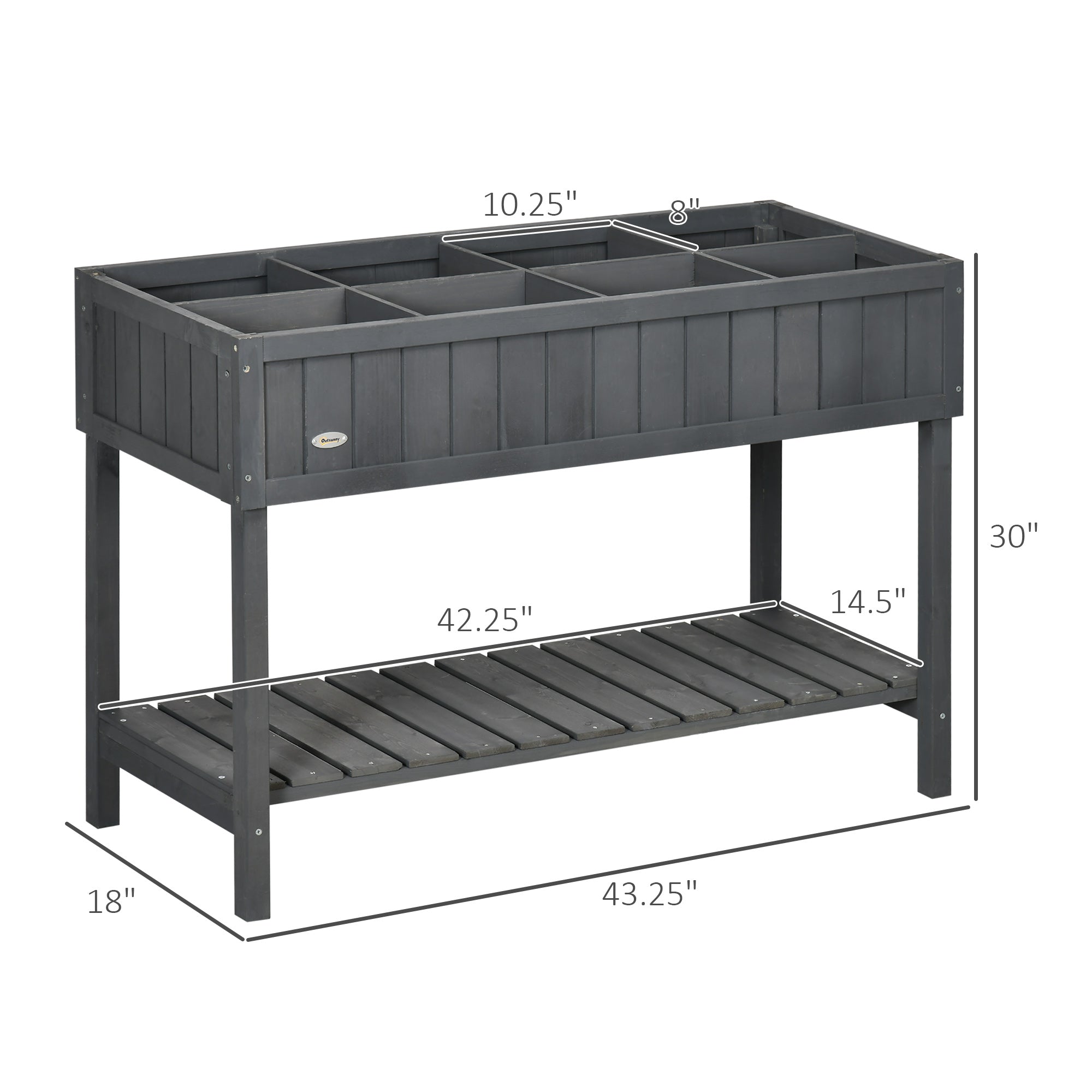 Wooden Raised Garden Bed, Elevated Planter Box Stand with 8 Slots and Open Shelf, Dark Gray - Dark Grey - Image 3