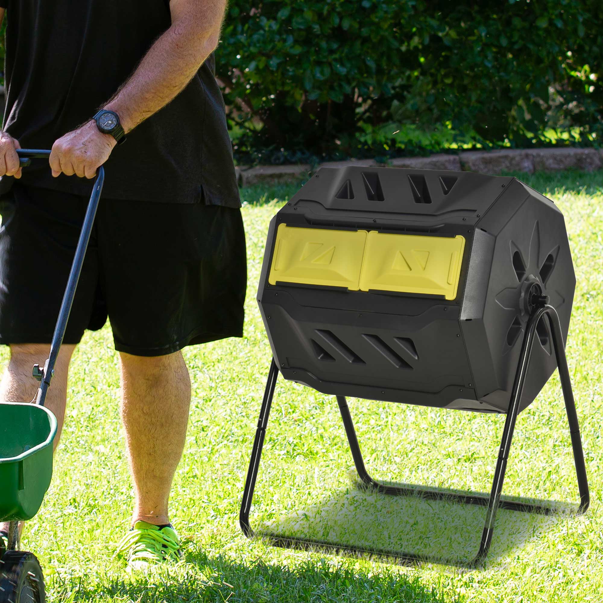 Tumbling Compost Bin Outdoor 360° Dual Chamber Rotating Composter 43 Gallon, Yellow - Yellow - Image 8