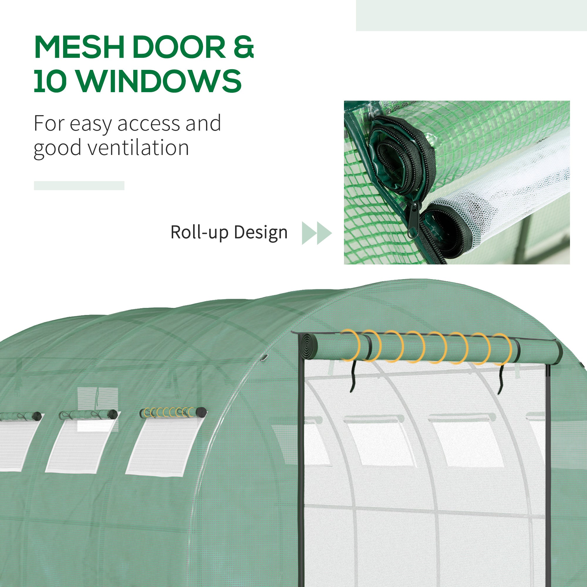 13' x 10' x 6.5' Walk-in Tunnel Greenhouse with 2 Zippered Mesh Doors & 10 Mesh Windows, Upgraded Gardening Plant Hot House with Galvanized Steel Hoops, Green - Green - Image 4