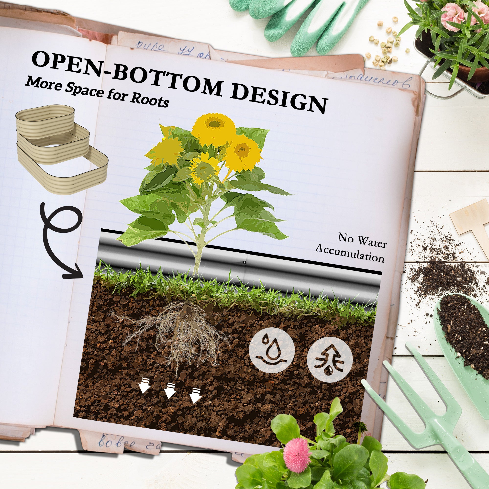 3-Tier Raised Garden Bed Set w/ Safety Edging, Open Bottom for Vegetables, Herbs, Flowers, 62.25" x 43" x 32.25", Cream - Cream White - Image 5