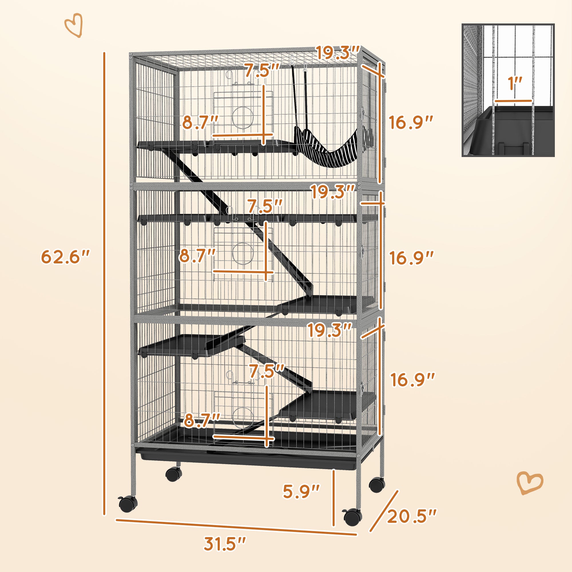 63" H Rolling Small Animal Cage with Hammock, Ferret Cage, Chinchilla Cage, Pet Habitat with 6 Doors, Removable Tray - Gray - Image 3