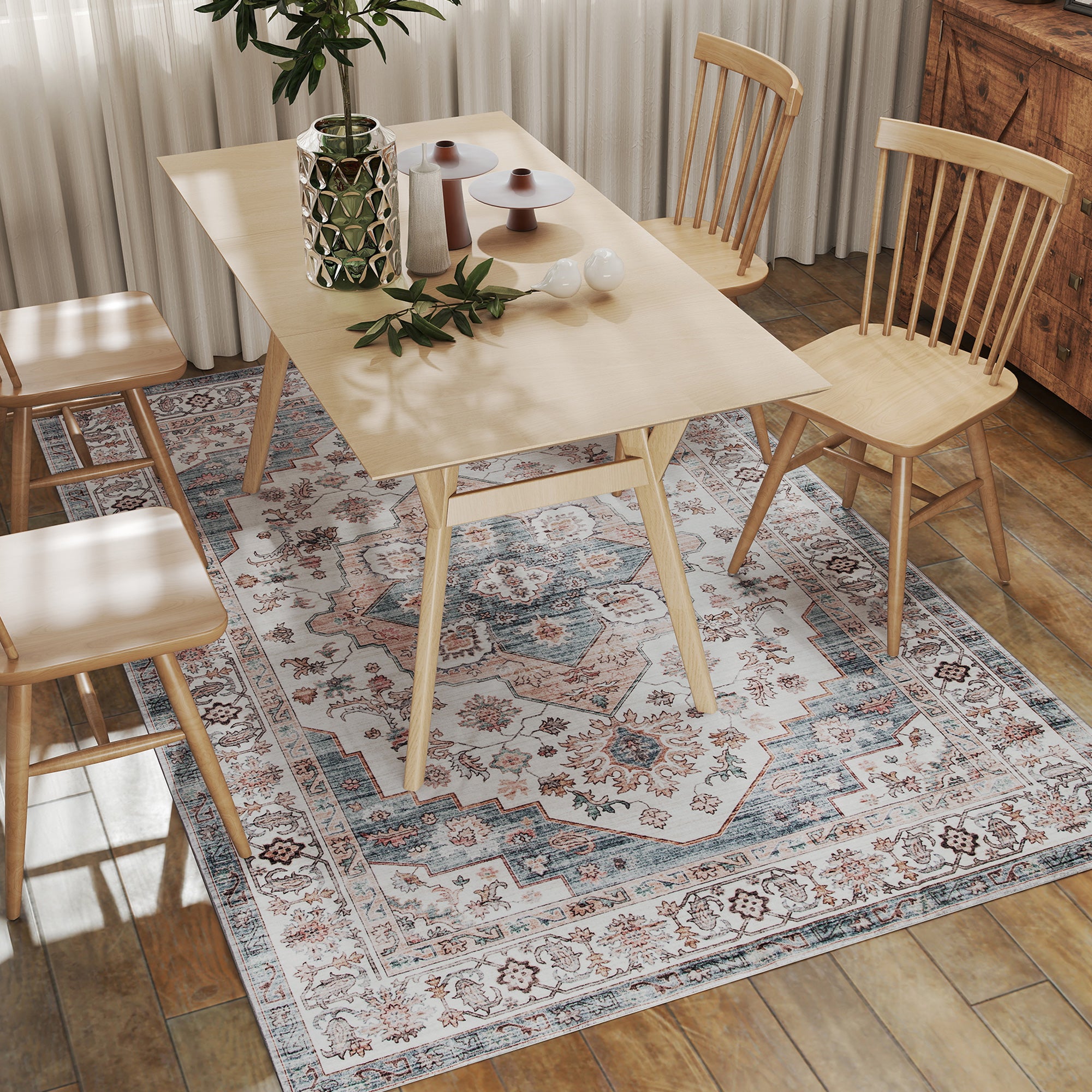 5x7 Area Rug, Vintage Machine Washable Rug, Non-Slip Carpet for Living Room, Bedroom, Dining Room, Brown & Light Blue