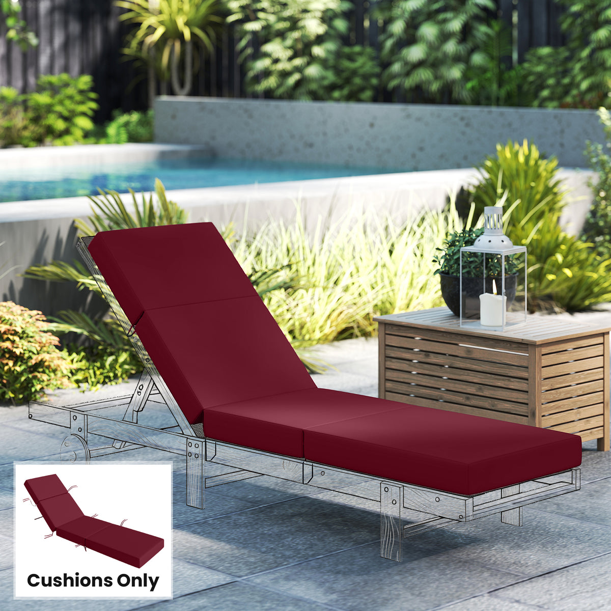 Chaise Lounge Cushion, 4" Thick Outdoor Lounge Chair Cushion with Ties for Patio, 21" x 72", Red