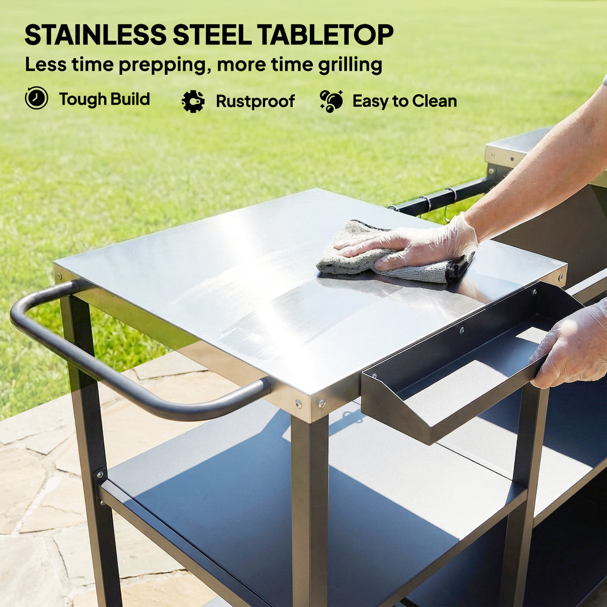 Grill Table for Big Green Egg Grill, Heavy Duty Metal BBQ Prep Table with Stainless Steel Top and Storage Cabinet, Black